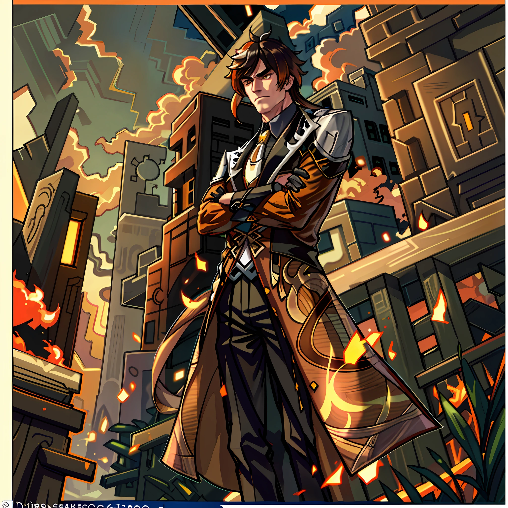 (absurdres, highres, ultra detailed), 1 male, solo, adult, mature, tall muscular guy, broad shoulders, handsome, very long hair,brown hair with orange tips, bright yellow eyes, angular jaw, thick neck, thick eyebrows, zhongli, genshin impact, coat, standing straight, arms crossed, alpha pose, complex details
BREAK, photojournalism, documentary photography, visual storytelling, capturing moments, historical records, social commentary, powerful imagery 
BREAK, serviceperson, genshin impact game, ruins