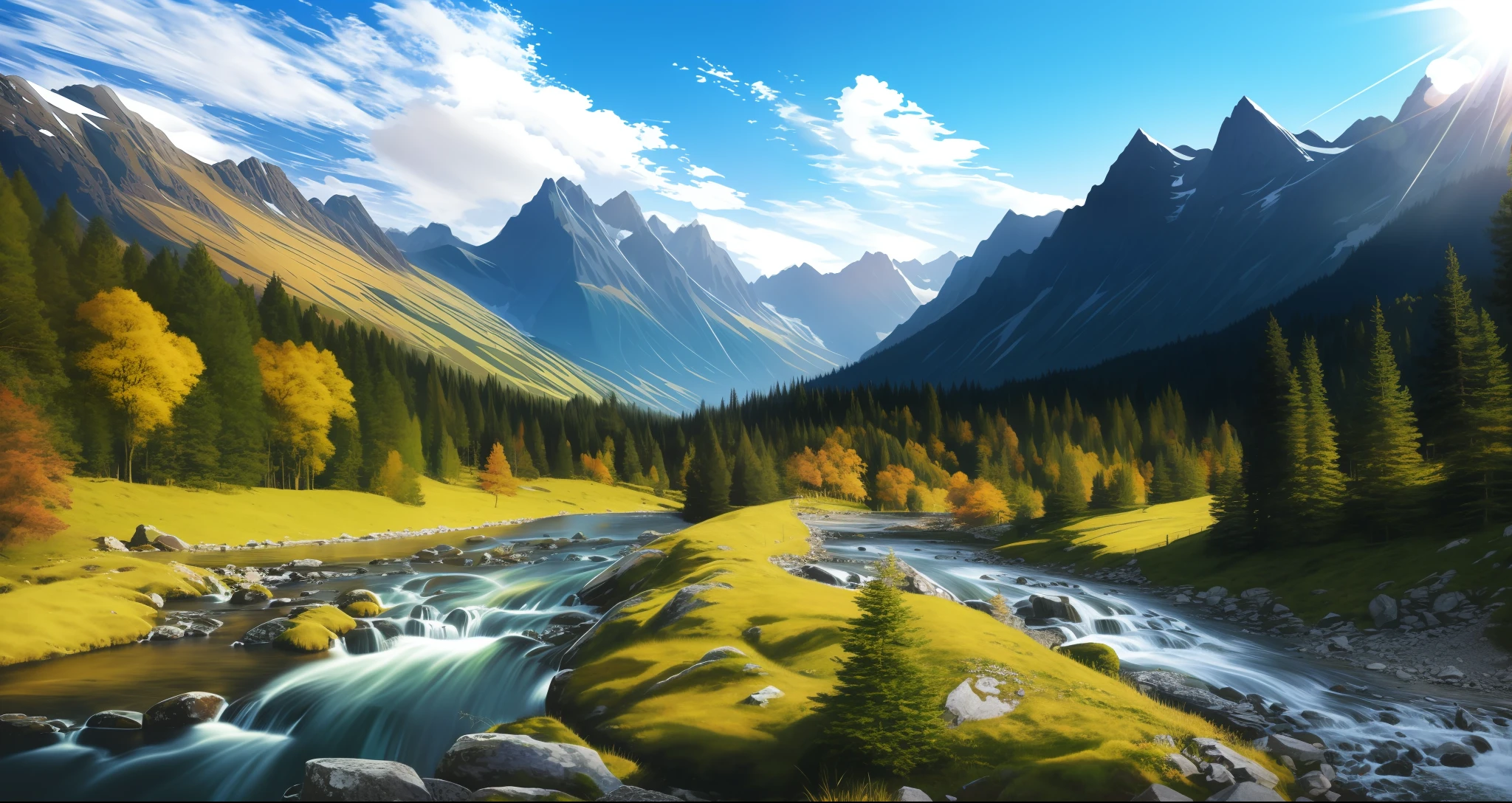 detailed background, masterpiece, top quality, landscape, mountain, river, forest, sun, day, cloud