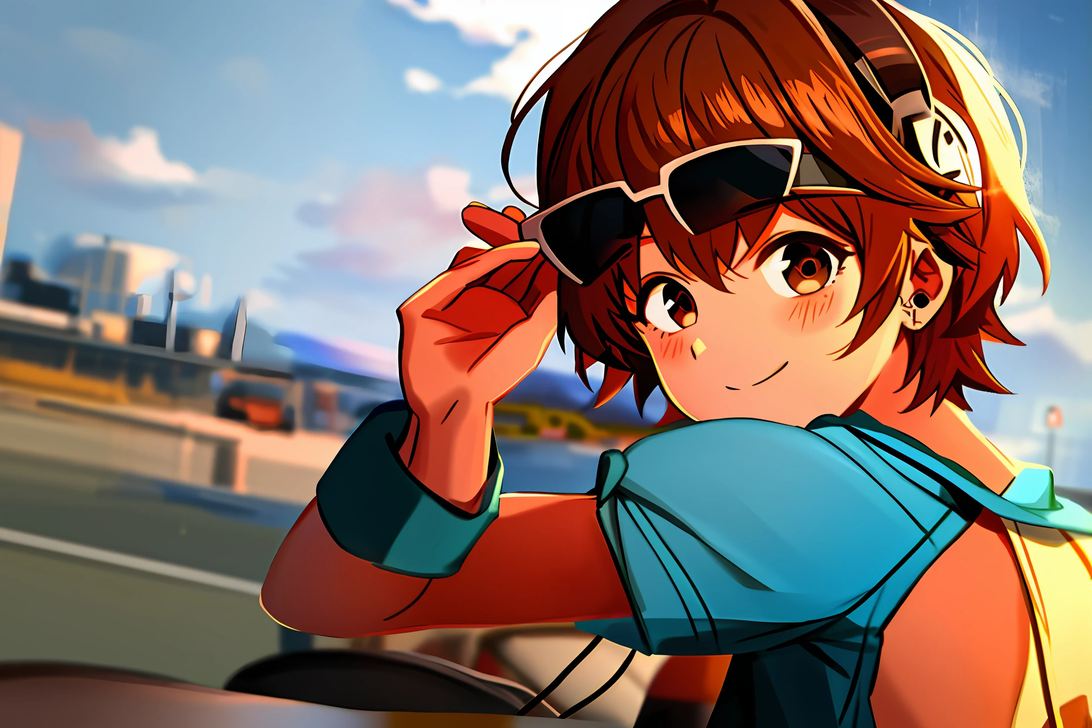 closeup of a boy, happy, brown eyes, headset and sunglasses
