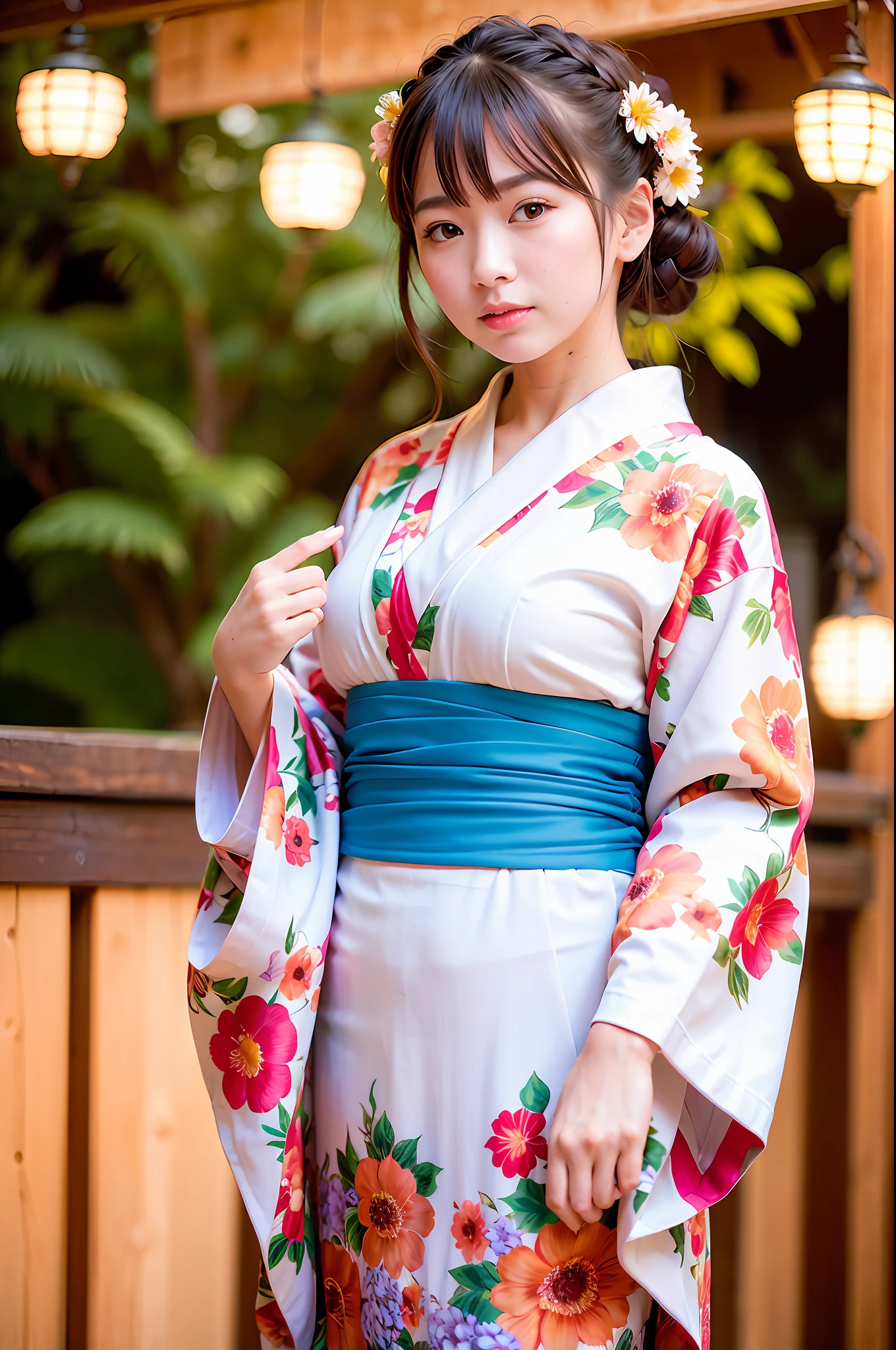 Women, (wearing floral kimono_clothes: 1.3), holiday
Good hands, 4K, high resolution, masterpiece, top quality, head: 1.3, (((Hasselblad photo)), middle chest, fine skin, sharp focus, (film lighting), night, soft lighting, dynamic angle, [:( detail face: 1.2):0.2], medium chest, outside,