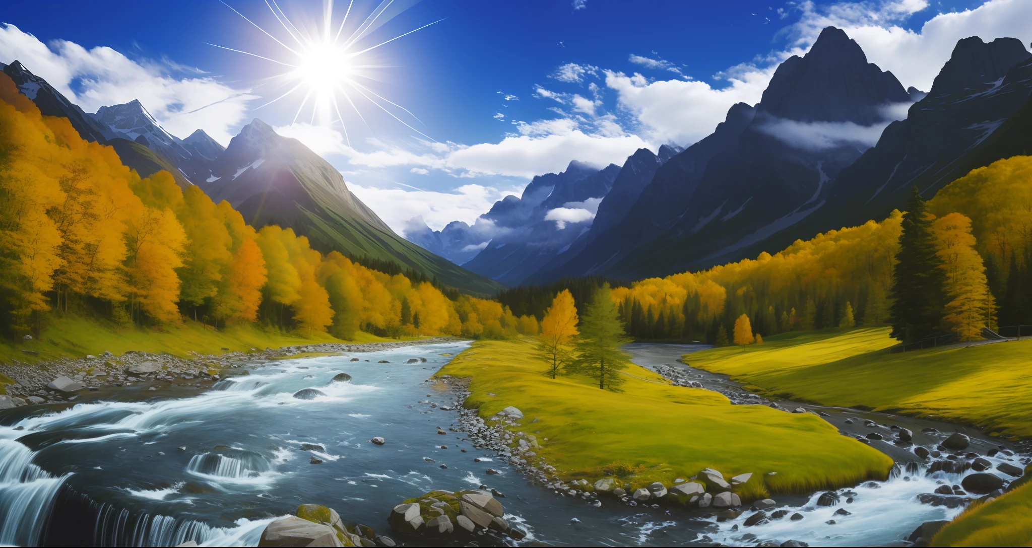 detailed background, masterpiece, top quality, landscape, mountain, river, forest, sun, day, cloud