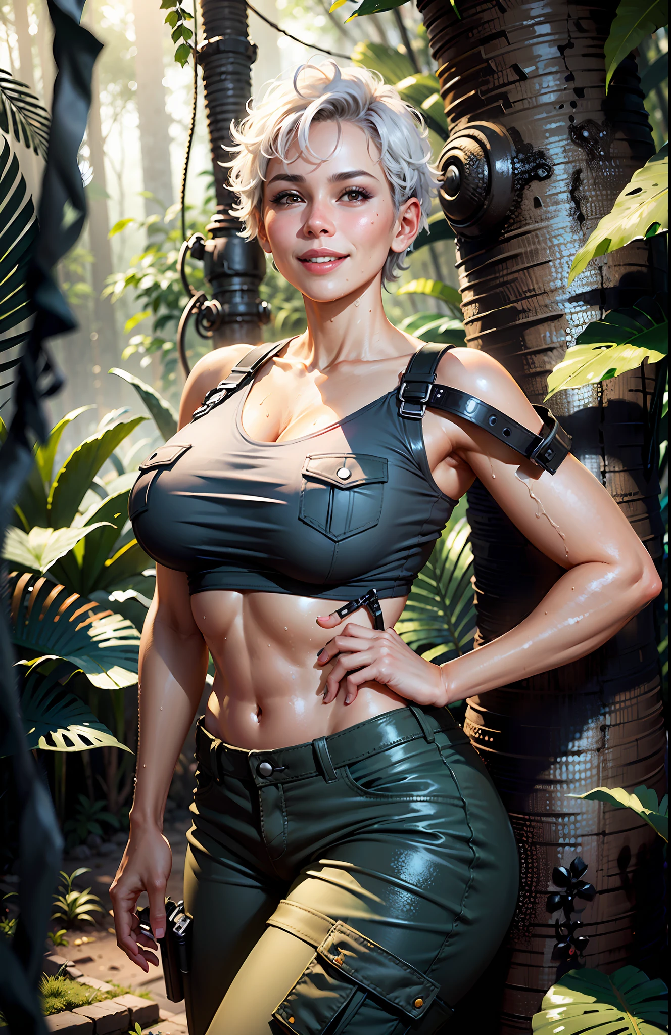 ((realistic face, smiling, young look)), (wet white crop top,black cargo pants), (huge breasts), (grey short hair), (20 years), (1 girl), (4k style), (amazon forest background)