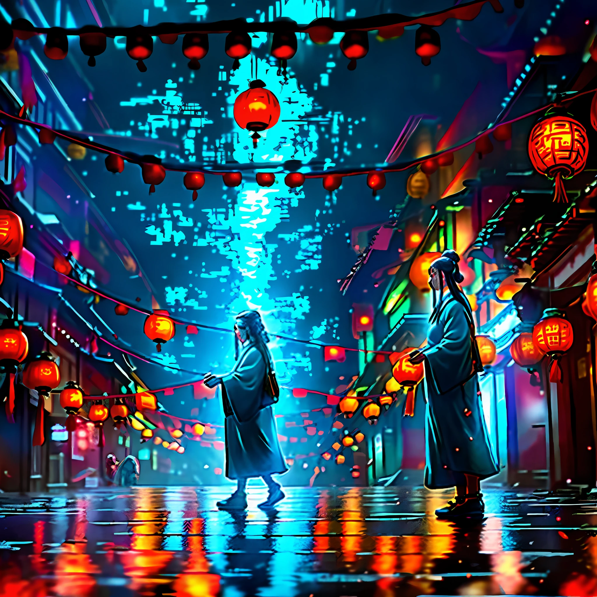 Ultra high resolution, 8K, rain, night, walking in a narrow alley with red lanterns hanging overhead, in a narrow Chinese alley, the ancient city street behind her, standing in an alley, Chinese girl, wandering in the city, standing on the street of a township, walking on a street, fantastic Chinese town, Chinese woman, like Jiufen, standing on a city street, traveler walking on the street, ultra-wide angle lens, characters looking sideways up