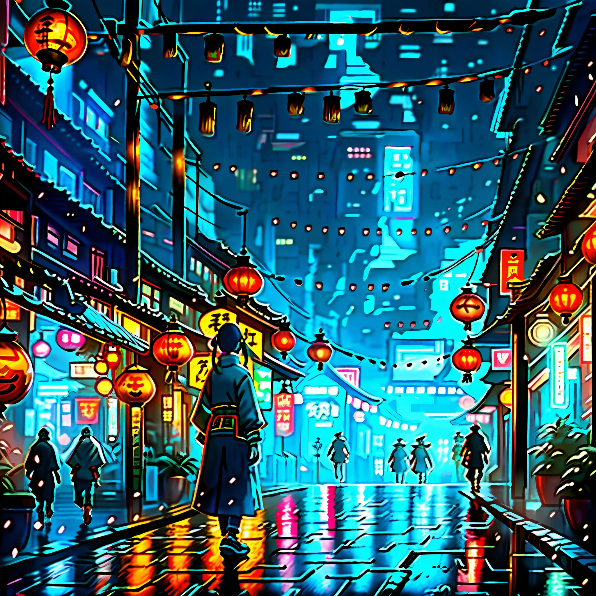 Ultra-high resolution, hyper-realistic, raining, night, walking in a narrow alley with red lanterns hanging overhead, in a narrow Chinese alley, the ancient city street behind her, standing in an alley, Chinese girl, wandering in the city, standing on the street of the township, walking on a street, dreamy Chinese town, Chinese woman, like Jiufen, standing on the city street, traveler walking on the street, ultra-wide-angle lens, the character looks sideways up