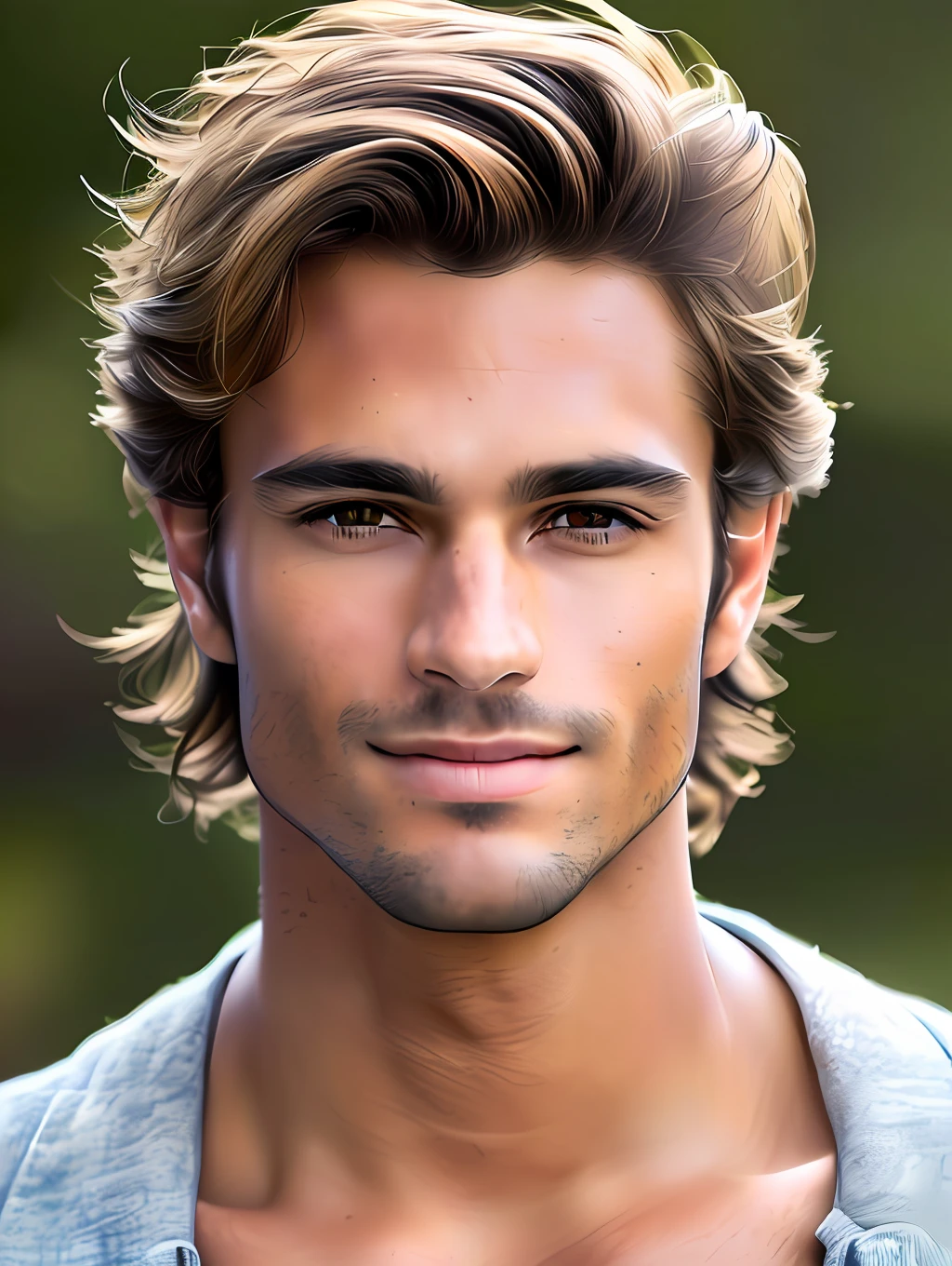 A photorealistic portrait of a stunningly handsome tanned Brazilian male supermodel with no make-up, photo for the cover of a magazine, extremely detailed light honey eyes, detailed symmetric realistic face, extremely detailed natural texture, peach fuzz, windy messy hair, sexy smile, masterpiece, absurdres, award winning photo by lee jeffries, nikon d850 film stock photograph, kodak portra 400 camera f1.6 lens, extremely detailed, amazing, fine detail, rich colors, hyper realistic lifelike texture, dramatic lighting, unrealengine, trending on artstation, cinestill 800 tungsten, looking at the viewer, photo realistic, RAW photo, TanvirTamim, high quality, highres, sharp focus, extremely detailed, cinematic lighting, 8k uhd,-imagine-