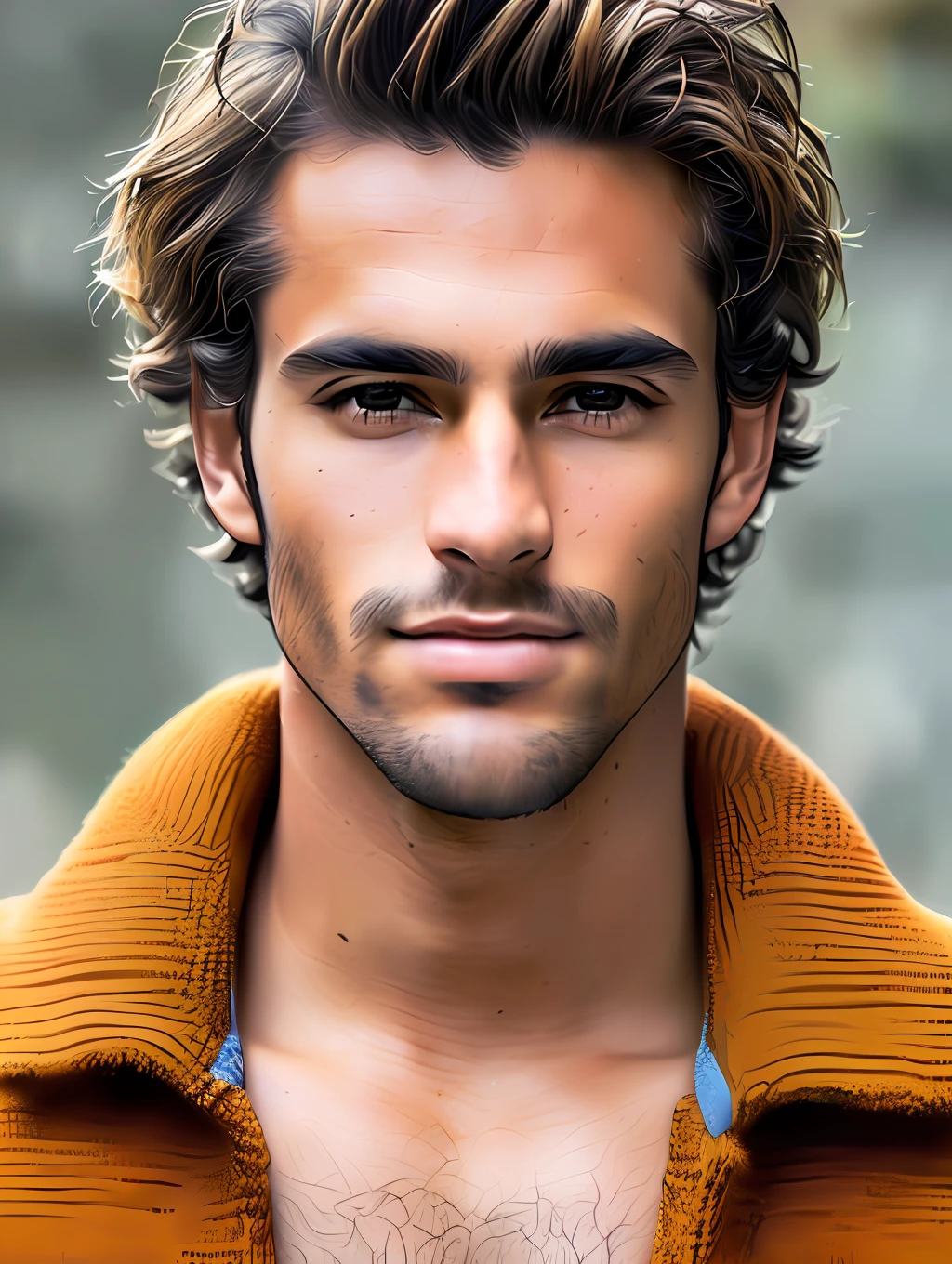 A photorealistic portrait of a stunningly handsome tanned Brazilian male supermodel with no make-up, photo for the cover of a magazine, extremely detailed light honey eyes, detailed symmetric realistic face, extremely detailed natural texture, peach fuzz, windy messy hair, sexy smile, masterpiece, absurdres, award winning photo by lee jeffries, nikon d850 film stock photograph, kodak portra 400 camera f1.6 lens, extremely detailed, amazing, fine detail, rich colors, hyper realistic lifelike texture, dramatic lighting, unrealengine, trending on artstation, cinestill 800 tungsten, looking at the viewer, photo realistic, RAW photo, TanvirTamim, high quality, highres, sharp focus, extremely detailed, cinematic lighting, 8k uhd,-imagine-