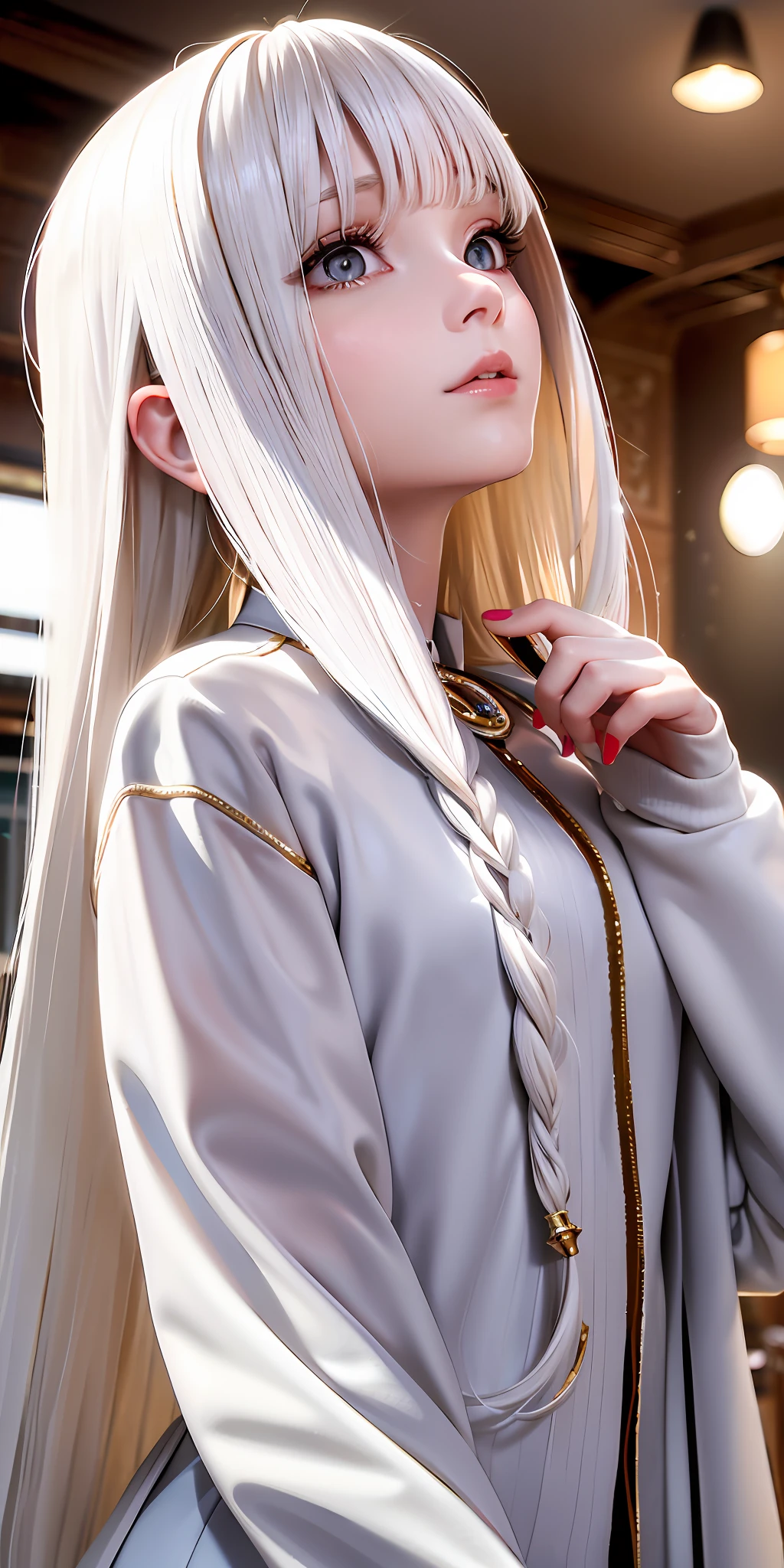 best quality, masterpiece,white hair, gold eyes,white clothes, looking up, upper body,hair strand,Fair skin,side braids