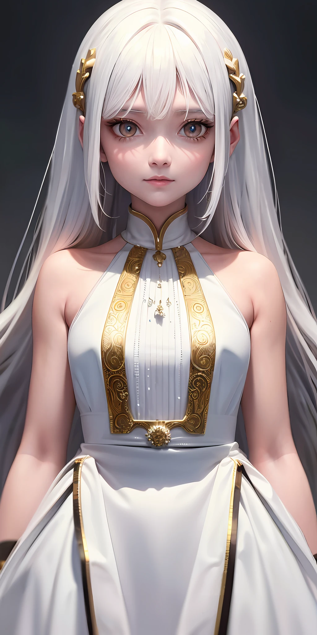 best quality, masterpiece,white hair, gold eyes,white clothes, looking up, upper body,hair strand,Fair skin,side braids