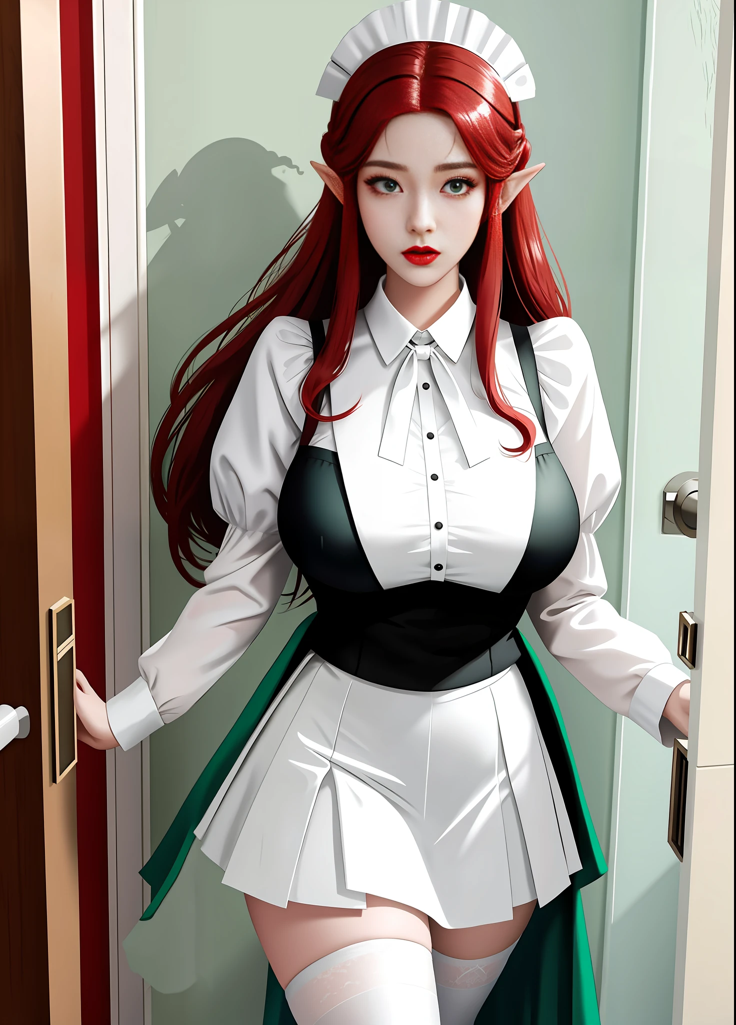 1 Princess Zelda in black maid outfit with white stockings with barrettes on skirt, Gigantic Breasts, (long red hair, movement in the wind) and (green eyes), lips with red lipstick, light makeup, looking at viewer, well defined and uniform body, she is facing the entrance door of the bathroom the shower is open with smoke from the hot water coming out of the door, her body is completely sweaty due to the heat, maid headdress, Anime, masterpiece, 16k, award winning, best quality, high details, UHD, masterpiece, anatomically correct