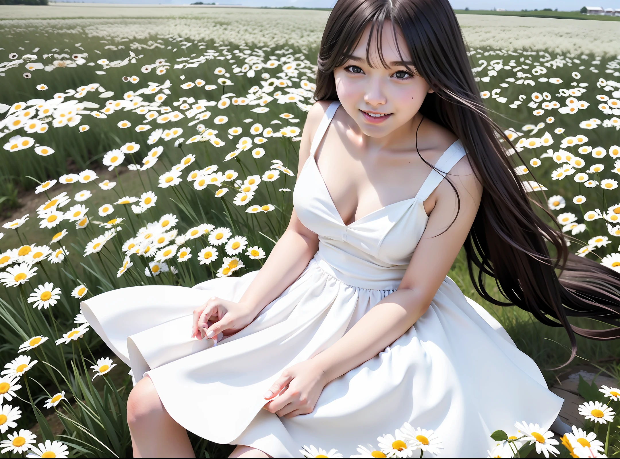 A  girl in a daisy field with a white dress and long black wavy hair