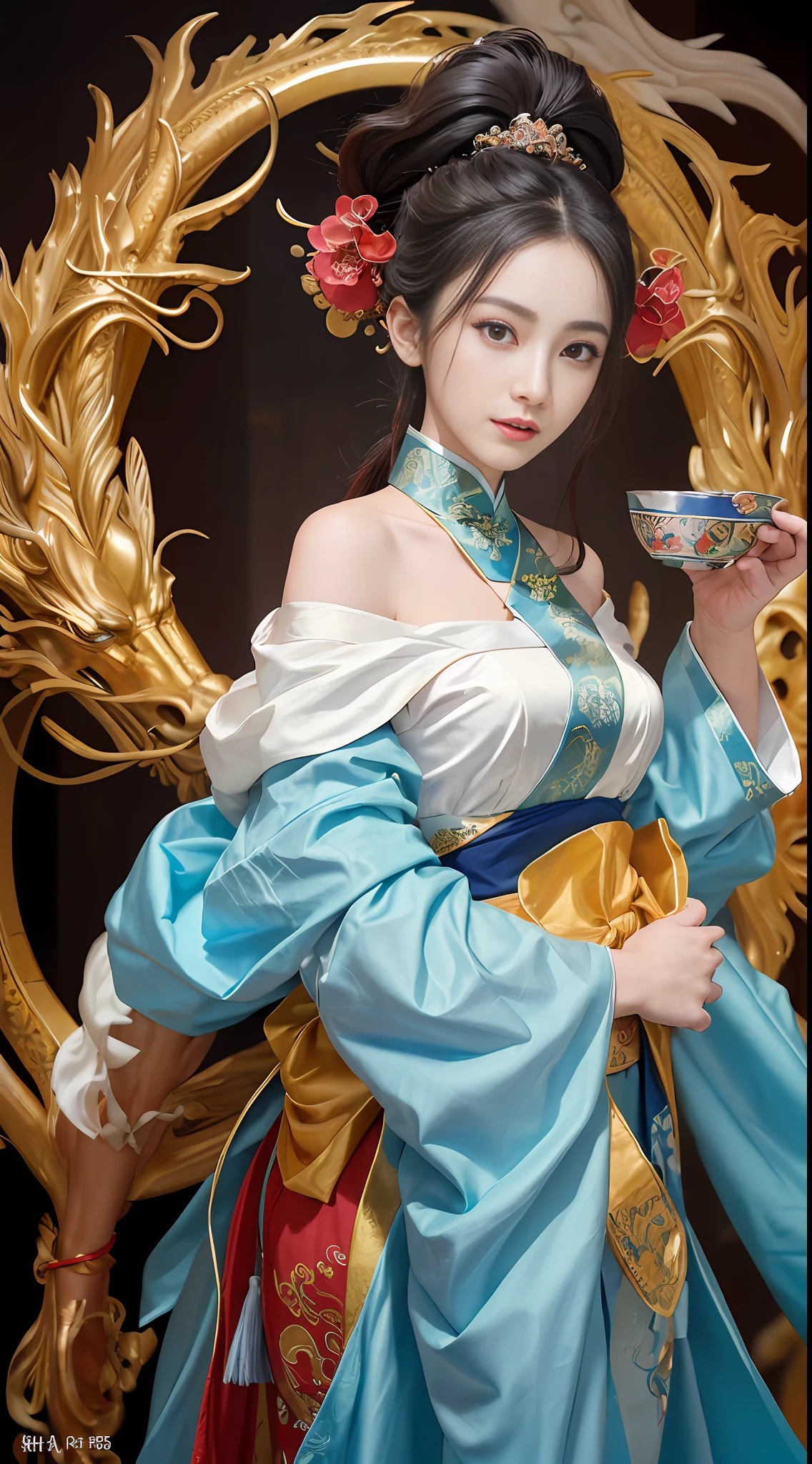 Zhong Fenghua, gorgeous hanfu, official art, Unity 8k wallpaper, super detailed, beautiful beautiful, masterpiece, best quality, (tangled, tangled, tangled), (fractal art: 1.4), (character center: 1.3), exposed thighs, exposed pubic hair, exposed, exposed beautiful pubic hair, 1 girl, shocking domineering Chinese dragon, detailed tap, black hair, long ponytail, Chinese, off-the-shoulder, very detailed, dynamic angle, cowboy shot, (most beautiful form of chaos), ethereal, (bright colors) , OC, (half: 1.2), Chinese, (Thangka Feitian: 1.5), (Ribbon: 1.3), (Dream: 1.5), (Hanfu: 1.5), Chinese Dragon, Chinese Phoenix, (Smile: 0.5), (Chinese God), (Masterpiece, Top Quality, Best Quality, Ultimate Detail, Highest Detail, Official Art, Beauty & Aesthetics: 1.2), Golden Ratio, Full Composition