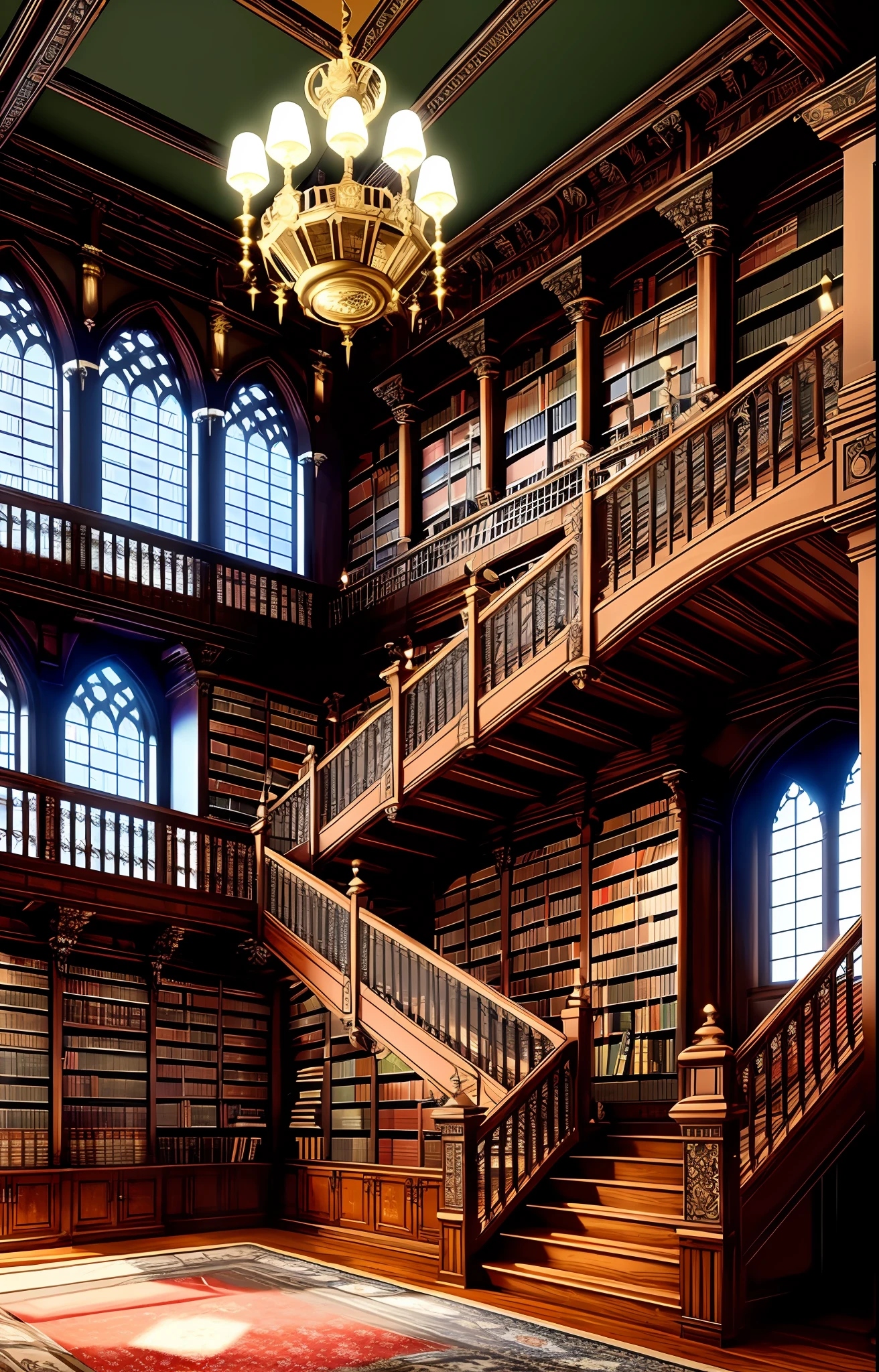 (best quality) backlit, library, medieval, hyper detailed, realism, chandeliers, bookshelves, 8k,books, fireplace, staircase, chromatic aberration