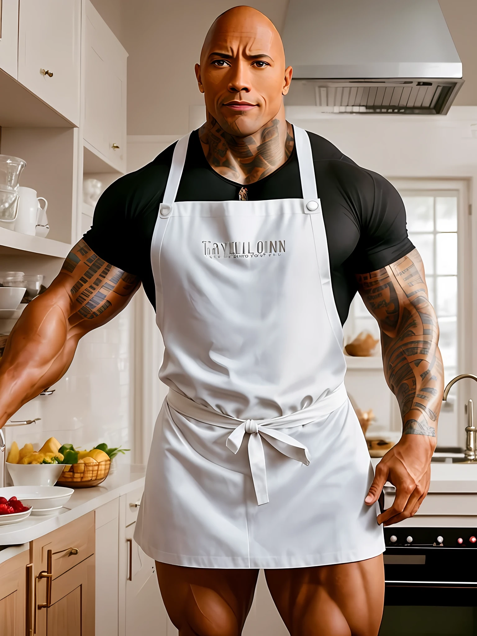 photo of ((Dwayne Johnson)) as a playful maid, 1girl, undercut hair, apron, amazing body, pronounced feminine feature, busty, kitchen, blonde medium hair, flirting with camera