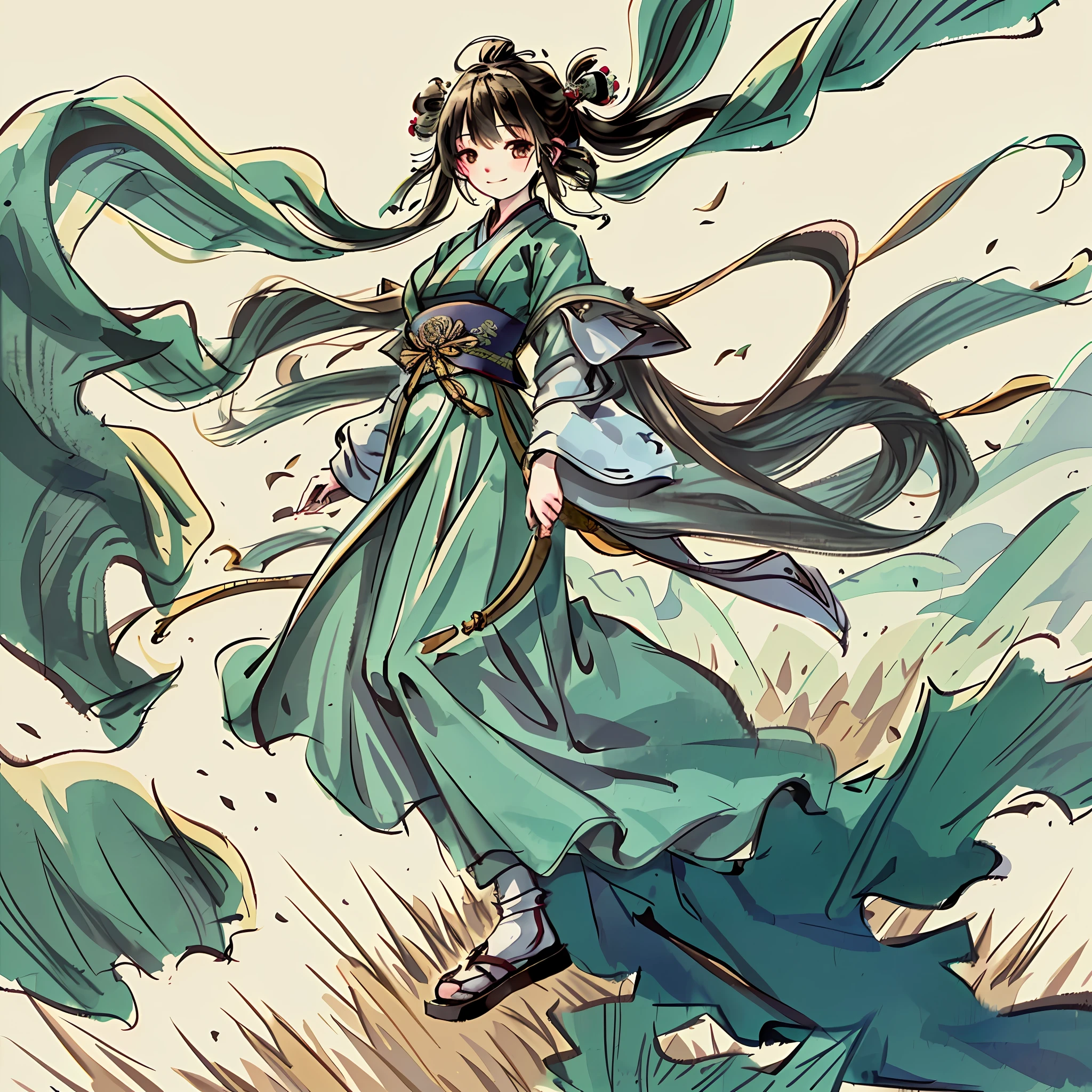 masterpiece, best quality, (1girl), walking in the rice field, green field, outdoor, sunny day, happy, smile, wearing Hanfu, beautiful girl, messy hair, floating hair and clothes in the wind, side look, Chinese ink painting, shuimobysim, wuchangshuo