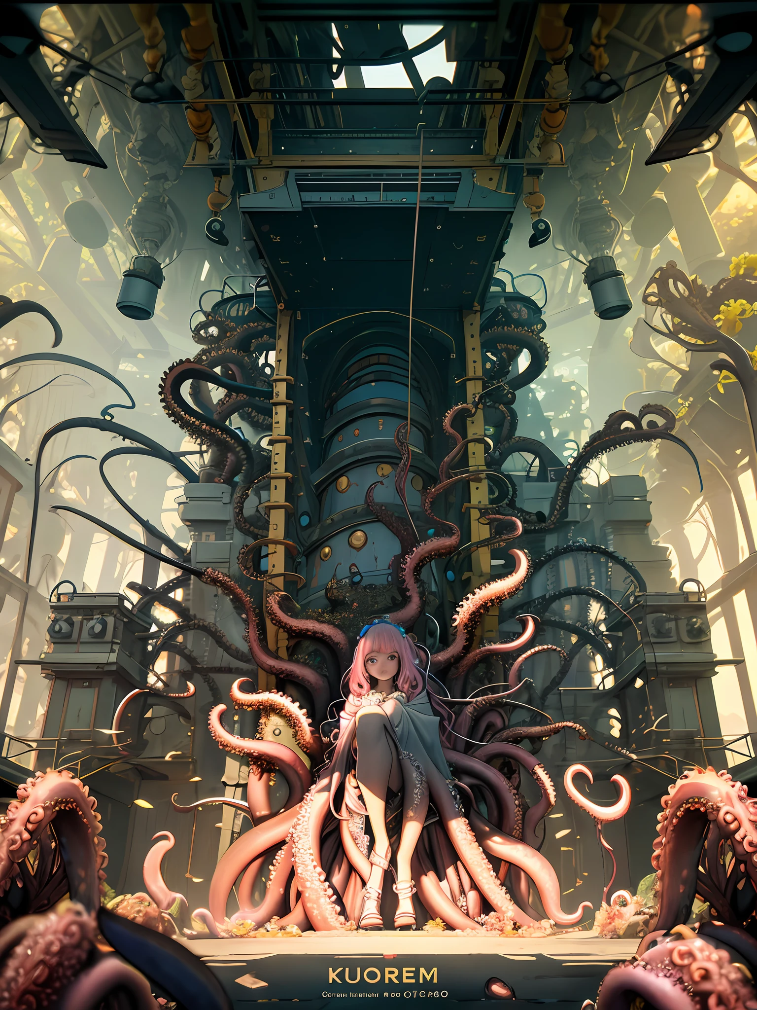 ((Best quality)), ((masterpiece)), ((realistic)), RAW photo, surreal, horror, nightmare, ((photo of a beautiful seductive woman covered and decorated with lots of flowers, with lots of octopus tentacles around, leaves and roots fullbody + tattoos)), ((jungle and octopus tentacles background with pink fog)) , (high detailed skin), 8k uhd, dslr, soft lighting, high quality, film grain, Fujifilm XT38K, 4x ultrasharp, HDR, UHD, surreal, fashion, super realistic, hiper realistic, realistic skin with freckles, global illumination + caustics + cinematic shot + photo taken by ARRI + dof + Depth of Field, DOF, Tilt Blur, photo taken by canon, photo taken by fuji, photo taken by kodak + incredibly detailed, details + professional lighting, film lighting + 35mm + anamorphic + lightroom + cinematography + artstation