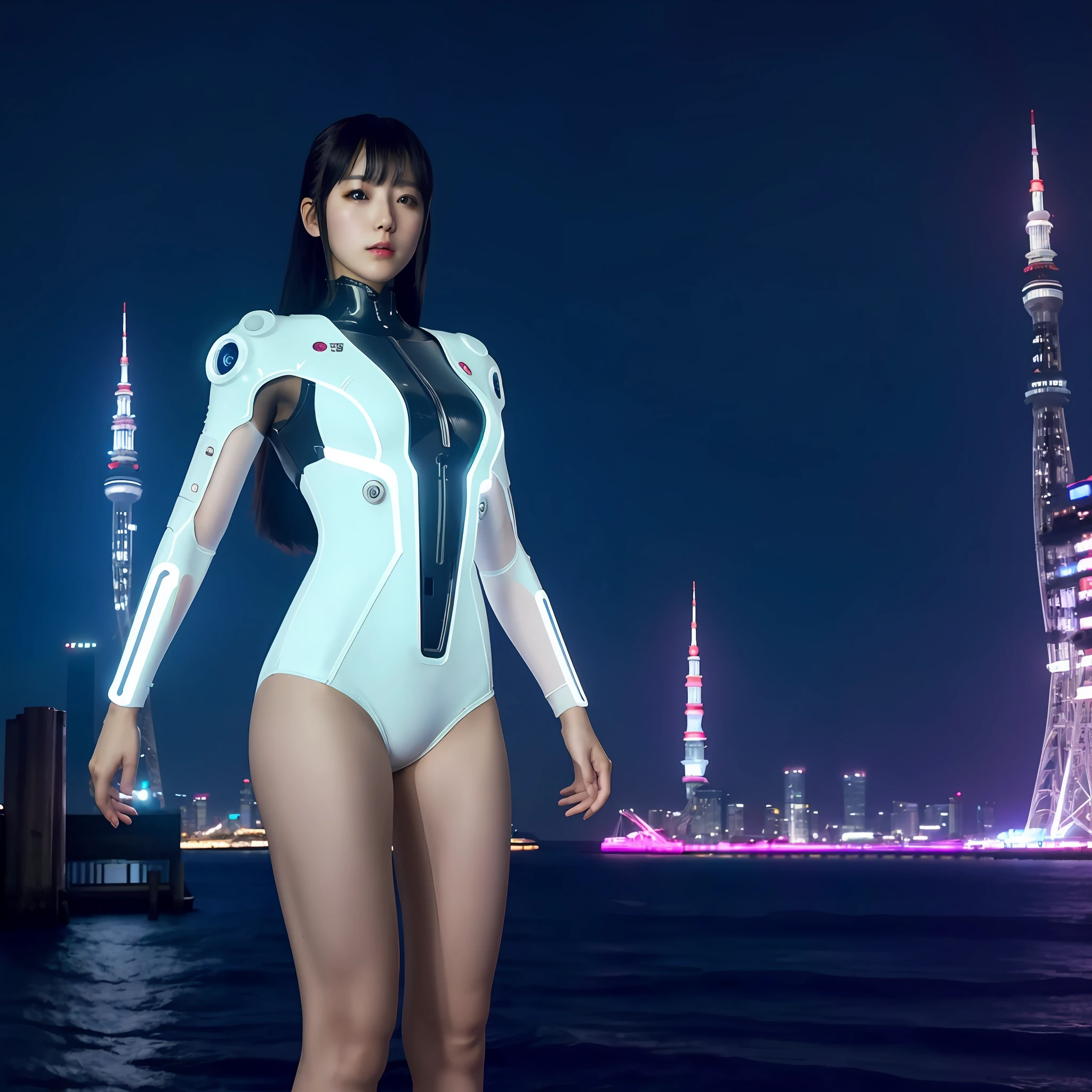 cyberpunk, mechanical bodysuit, white, realistic, photorealistic, beautiful girl, sailor suit, Tokyo, ruins, neon, night scene, background blur, t-back