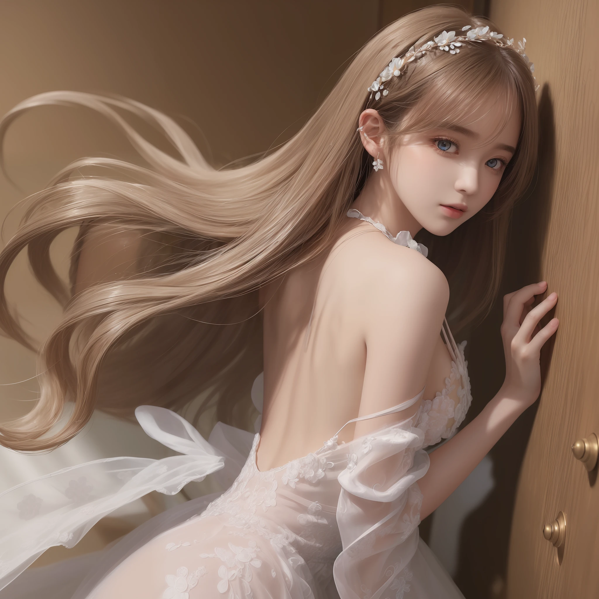 (((masterpiece))),(((best quality))),((ultra-detailed)), ((illustration)),floating, ((an extremely delicate and beautiful)),(beautiful detailed eyes),((disheveled hair)), photorealistic, realistic, 1girl, small_breasts,((neck)),(((back))),(looking back), blush,dhalter dress, sliver hair,backless dress