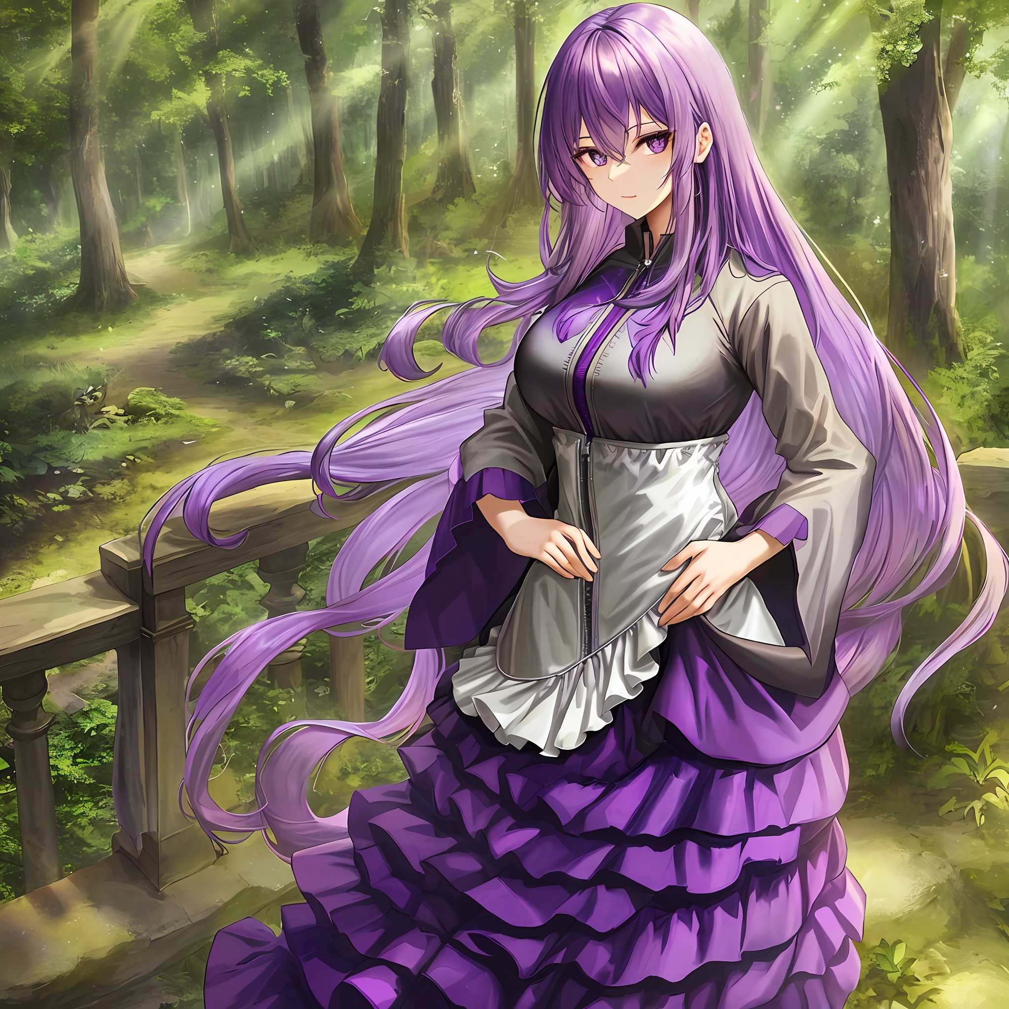 one sexy woman in a forest, amethyst-colored hair, long hair, amethyst-colored clothing, purple unzipped hoodie,Embroidered shirt, long dress, medium-sized boobs, tall, standing politely, amethyst-colored eyes, softie eyes, sexy body, tall