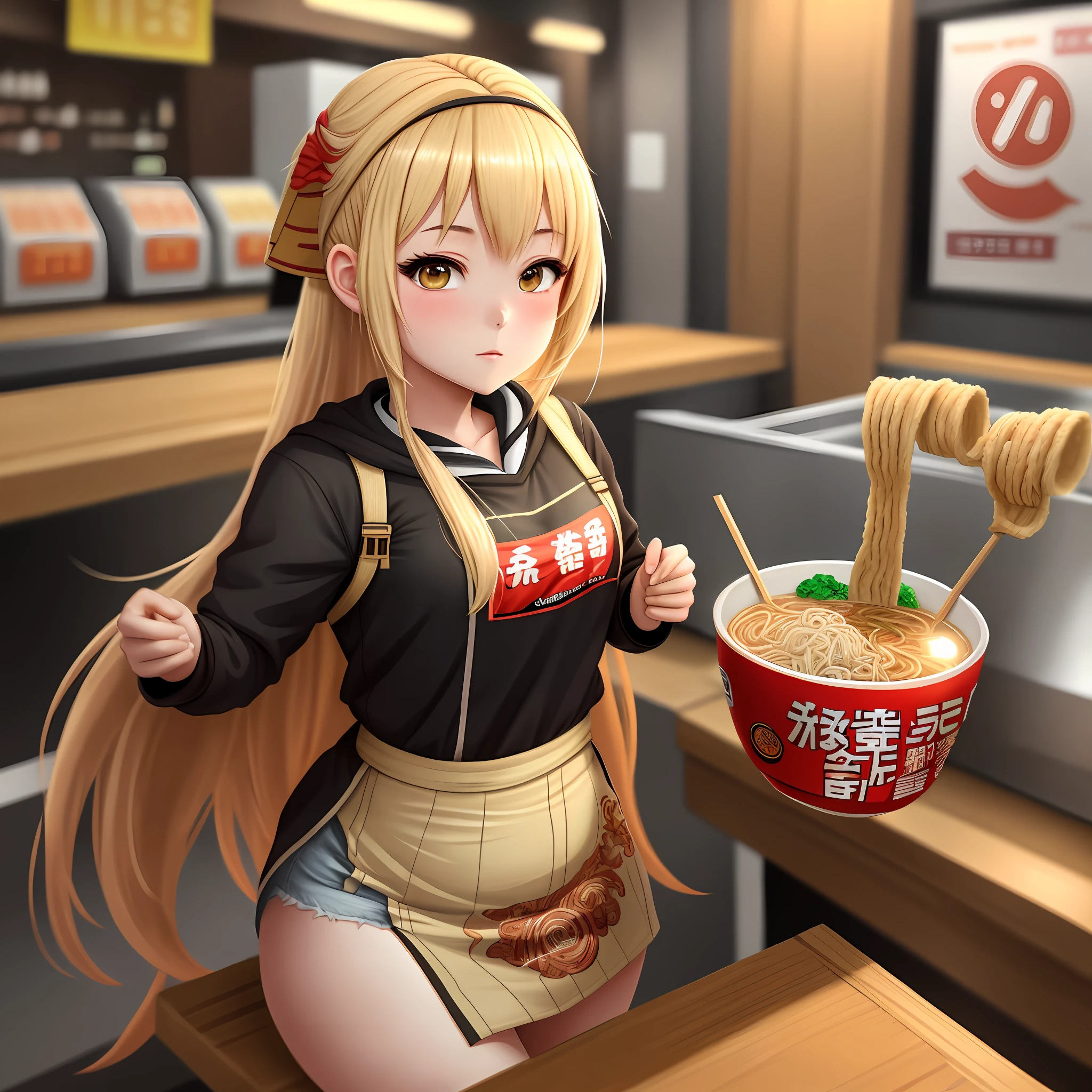 Anime girl 23 years old has a ramen outfit and works at a ramen store