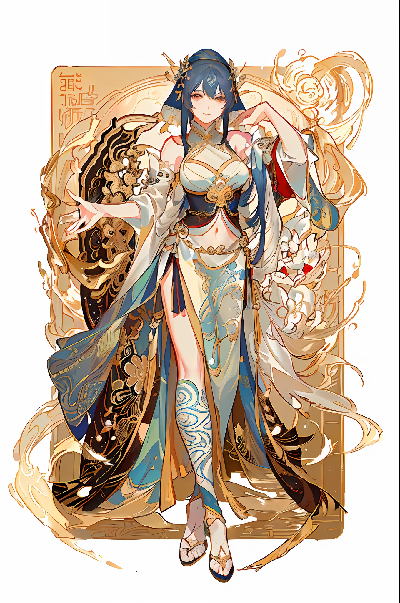 arafed image of a woman in a belly dance costume, alphonse mucha and rossdraws, by Yang J, inspired by Fenghua Zhong, full color illustration, a beautiful fantasy empress, inspired by Lan Ying, by Shen Zhou, a beautiful artwork illustration, by Qu Leilei, by Yan Hui, by Zeng Jing, by Lu Guang