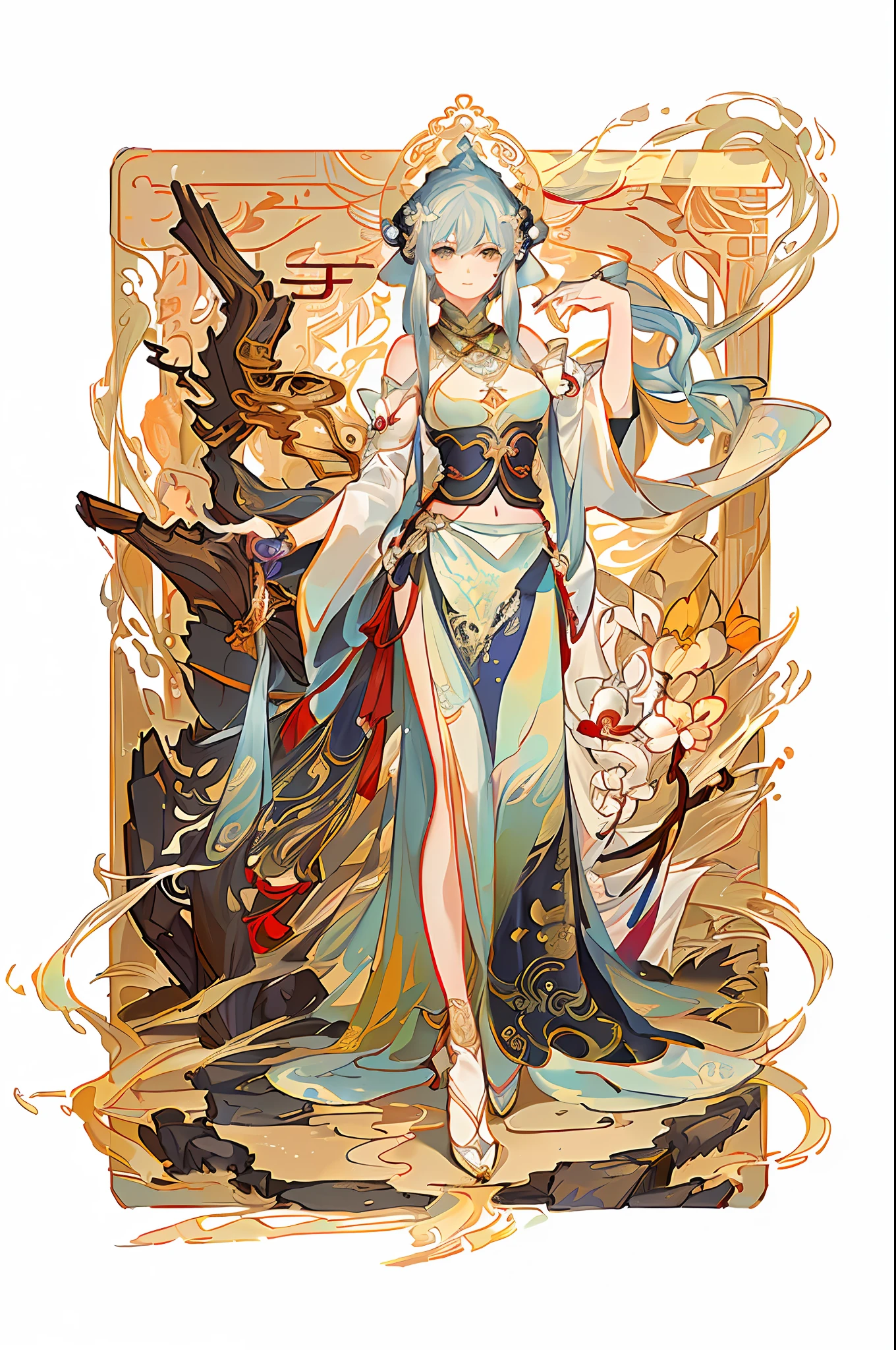 arafed image of a woman in a belly dance costume, alphonse mucha and rossdraws, by Yang J, inspired by Fenghua Zhong, full color illustration, a beautiful fantasy empress, inspired by Lan Ying, by Shen Zhou, a beautiful artwork illustration, by Qu Leilei, by Yan Hui, by Zeng Jing, by Lu Guang