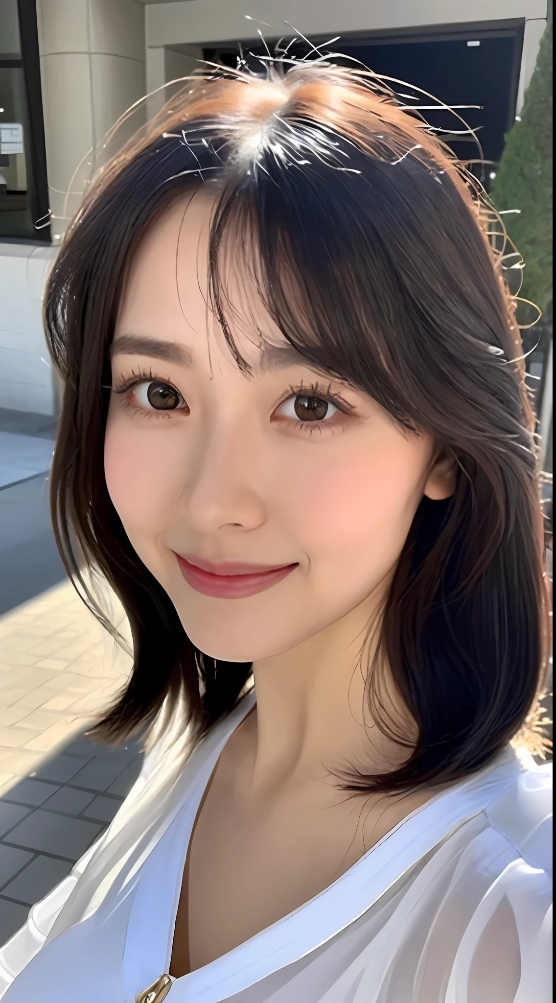 ((Best Quality, 8K, Masterpiece: 1.3)), Sharp Focus: 1.2, A Beautiful Woman with Perfect Figure: 1.4, Slim Abs: 1.2, (Layered Hairstyle,: 1.2)), (Wet White Button Long Shirt: 1.3), Rain: 1.3, Street: 1.2, Wet Body: 1.1, Highly Detailed Face and Skin Texture, Detailed Eyes, Double Eyelids, Big Breasts, Smile,