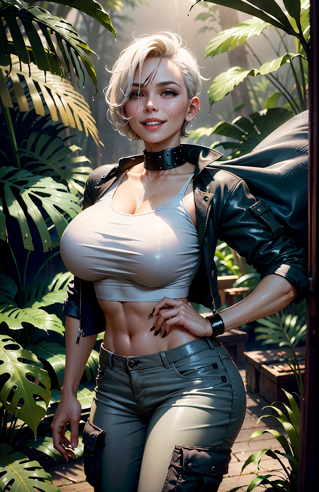 ((realistic face, smiling, young look, vampire teeth)), (wet white crop top,black cargo pants), (huge breasts), (grey short hair), (20 years), (1 girl), (4k style), (amazon forest background)