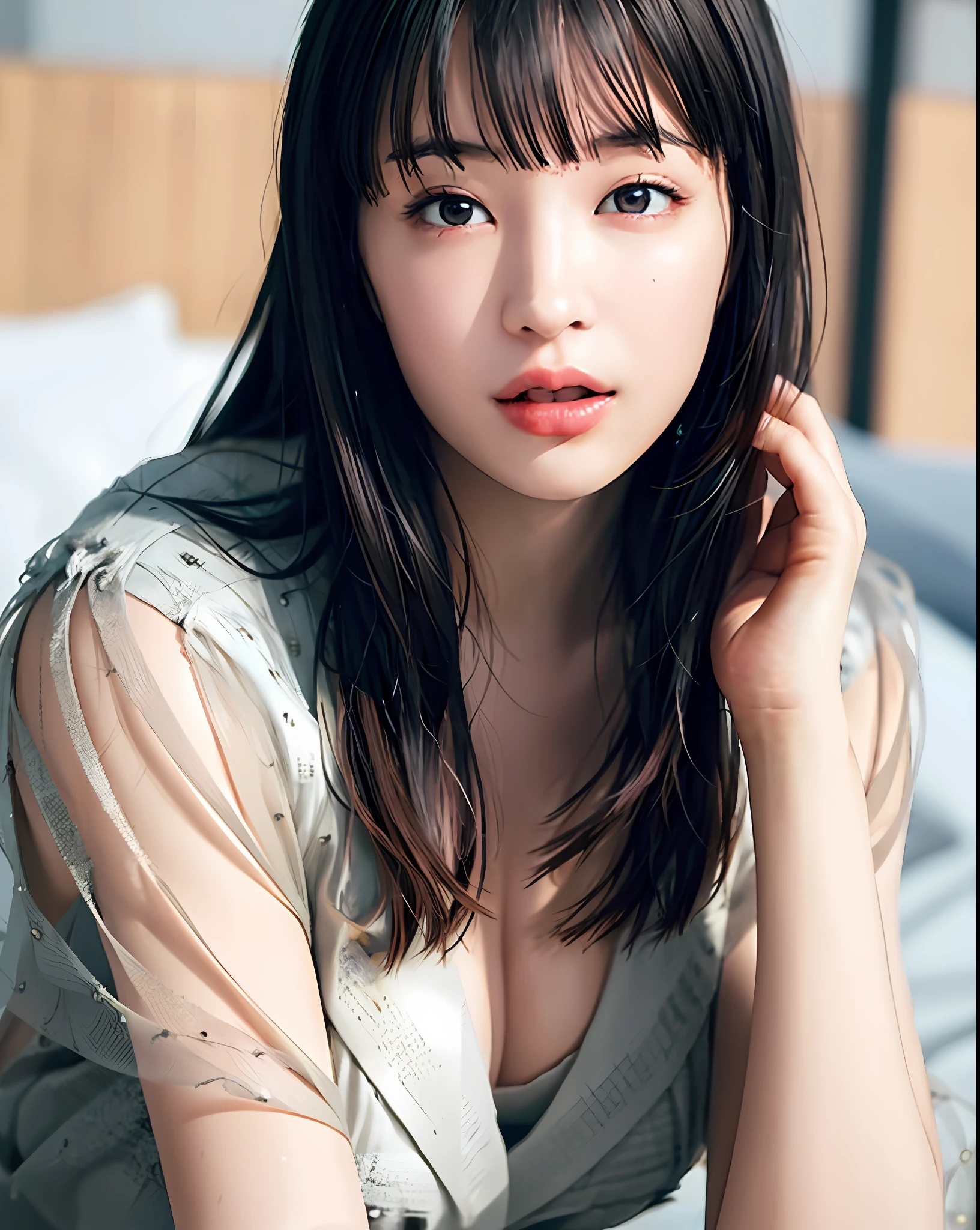 Top Quality, Photorealistic, 8K, High Definition, 1 Girl, Female, Gravure Pose, (Breast Exposure: 1.9, Cleavage Exposure: 2), Gorgeous, ((Upper Body 0.5, Big: 1.8)), (Lace Lingerie: 2))), (Short Bob P: 1.8, Parted Bangs: 1.6), Watch Viewer, (1 Girl's EyesViewer: 1.6), Photorealistic, ( Bokeh), (floating hair, lips, open mouth: 1.43), gorgeous, pureerosface_v1: 1,