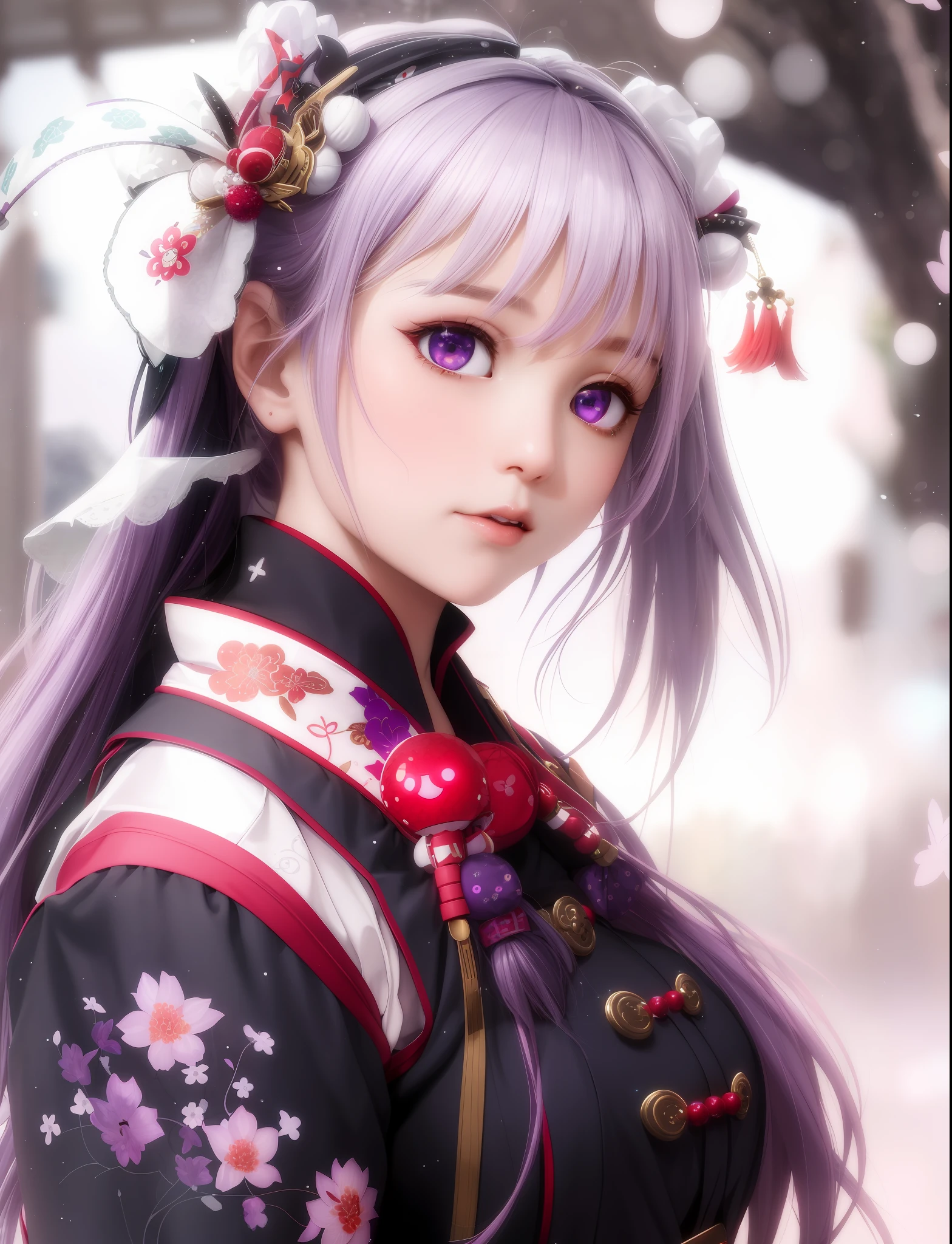 (best quality:1.4), highres, masterpiece,
1girl,
light purple hair, purple eyes, (kemomimi), medium breasts, bare slim thigh,
hair ornament, (red|white Japanese miko clothes), detached sleeves,
blush,
lantern, shrine,
detailed face,