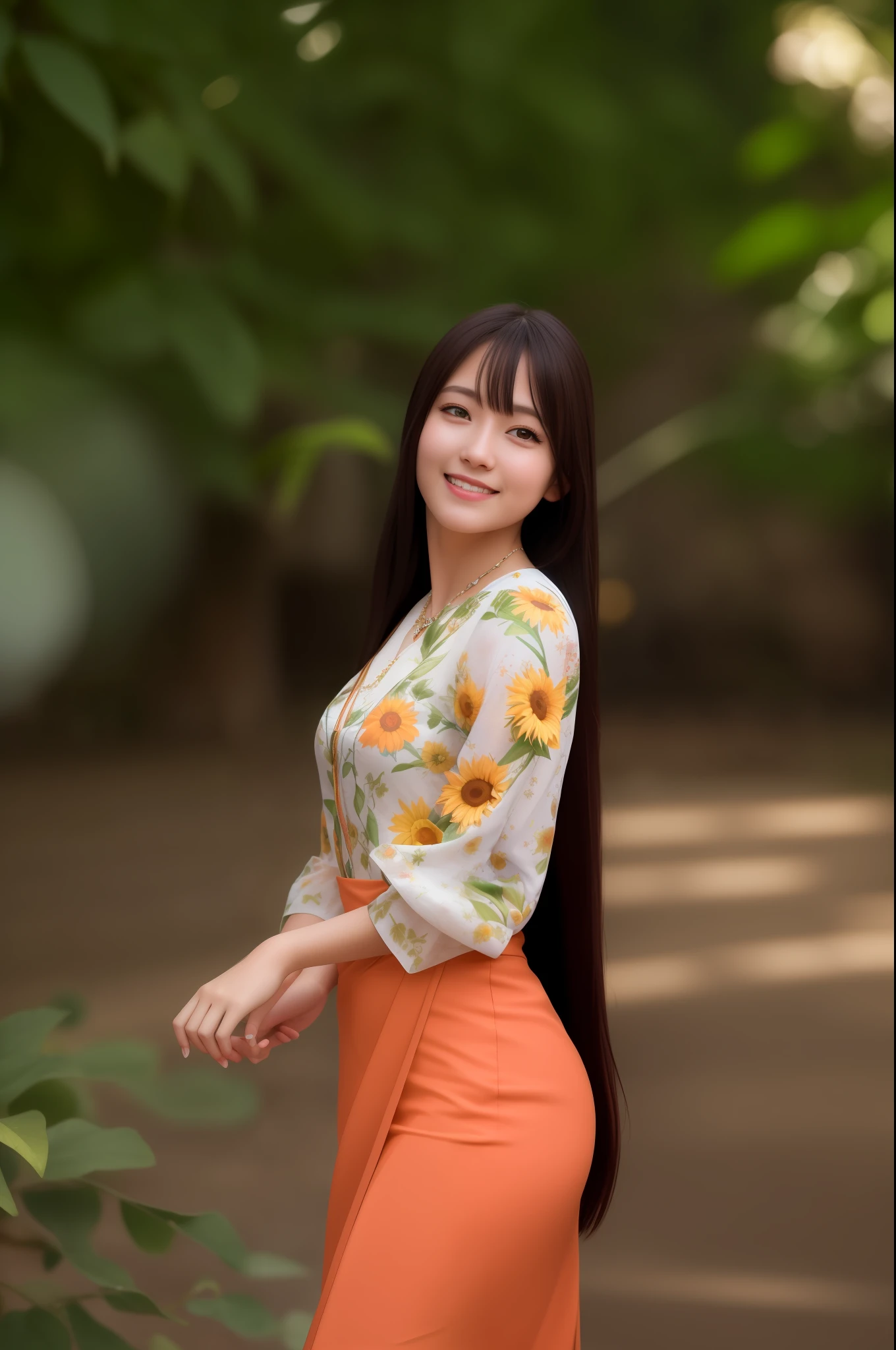 best quality, masterpiece, highres, 1girl,blush,(seductive smile:0.8),star-shaped pupils,necklace, jewelry,Beautiful face,upon_body, tyndall effect,photorealistic, dark studio, rim lighting, two tone lighting,(high detailed skin:1.2), 8k uhd, dslr, soft lighting, high quality, volumetric lighting, candid, Photograph, high resolution, 4k, 8k, Bokeh,sunflower,not sexy dress,white and green uniform