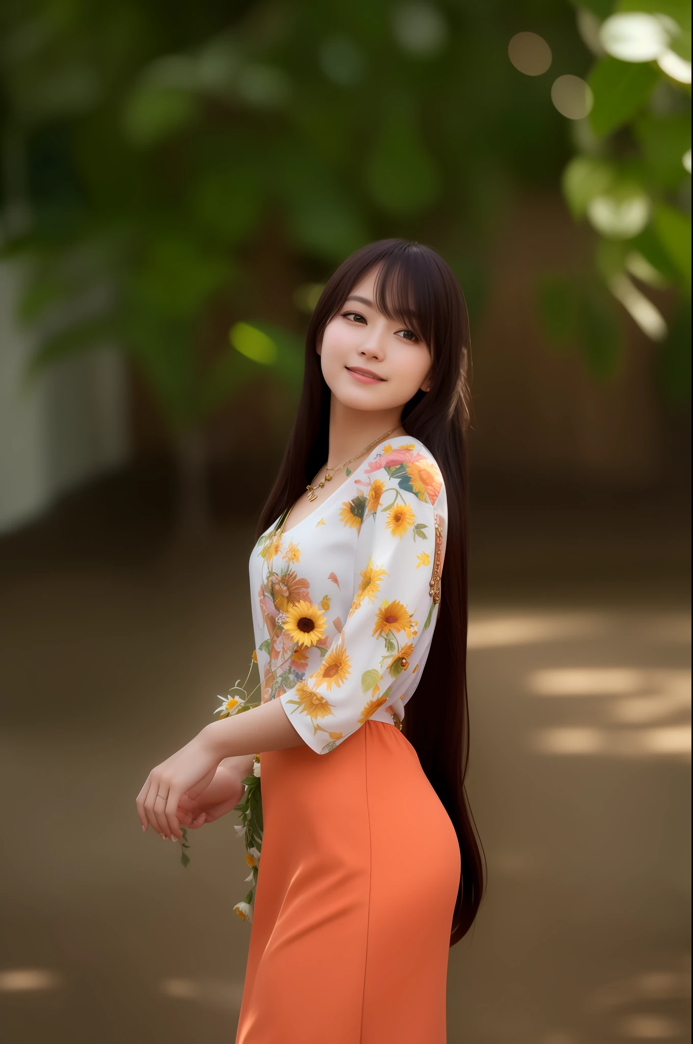 best quality, masterpiece, highres, 1girl,blush,(seductive smile:0.8),star-shaped pupils,necklace, jewelry,Beautiful face,upon_body, tyndall effect,photorealistic, dark studio, rim lighting, two tone lighting,(high detailed skin:1.2), 8k uhd, dslr, soft lighting, high quality, volumetric lighting, candid, Photograph, high resolution, 4k, 8k, Bokeh,sunflower,not sexy dress,white and green uniform