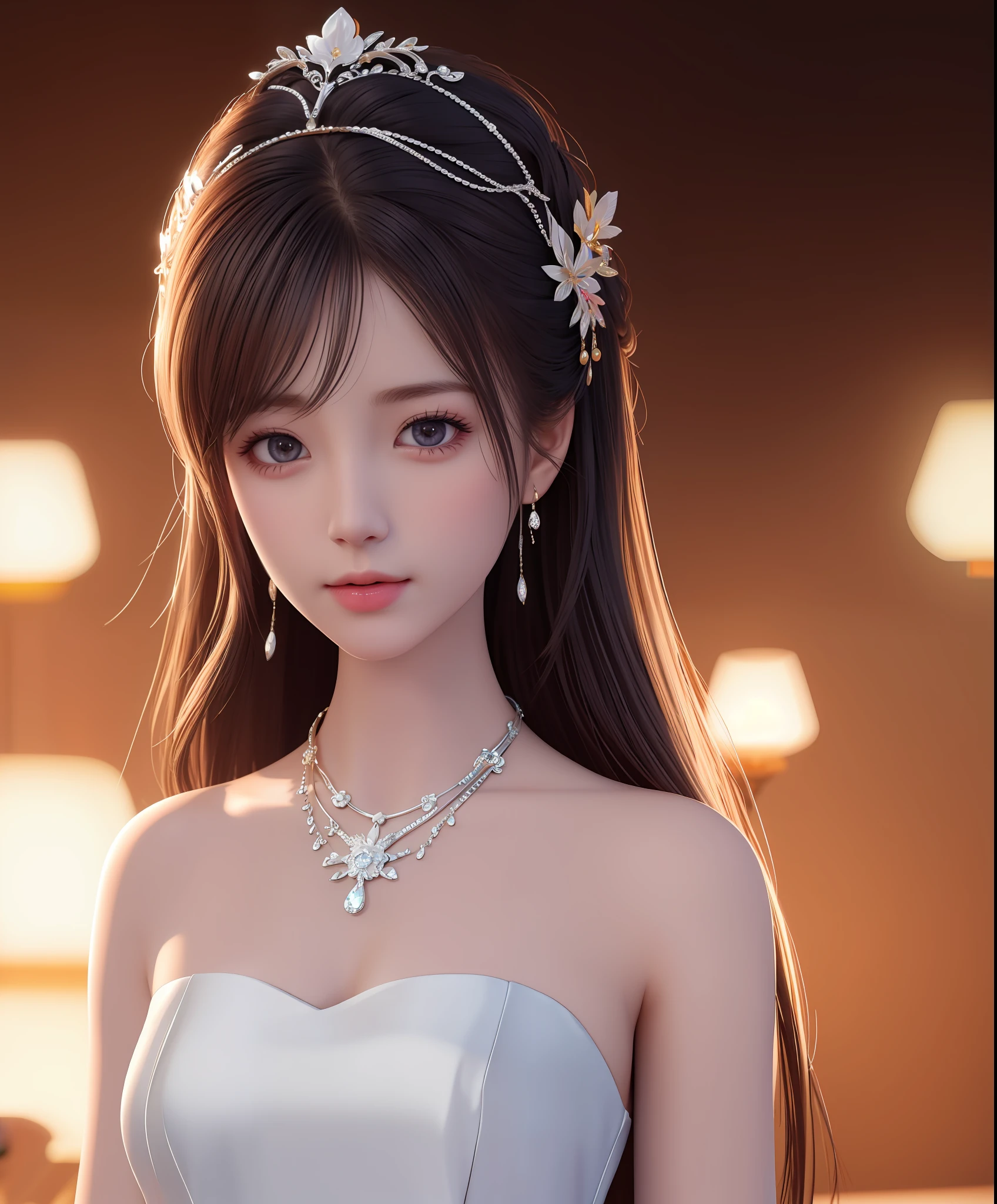 Best quality, masterpiece, high resolution, 1girl, porcelain dress, hair accessories, necklace, jewelry, beautiful face, on the body, Tyndall effect, realistic, dark studio, edge lighting, two-tone lighting, (high detail skin: 1.2), 8k UHD, dslr, soft light, high quality, volumetric light, candid, photo, high resolution, 4k, 8k, background blur,