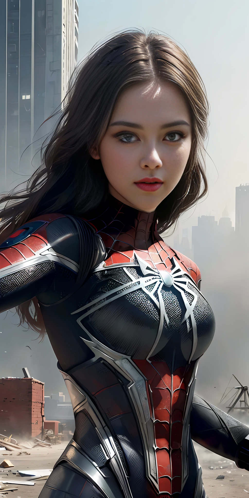 (1girl:1.3), solo, (((extremely detailed face))),(((extremely detailed eyes and face))),beautiful detailed eyes,body-parts__, official art, unified 8k wallpaper, super detailed, beautiful and aesthetic, beautiful, masterpiece, best quality, raw, masterpiece, super fine photo, best quality, super high resolution, photorealistic realism, sunlight, full body portrait, amazing beauty,, dynamic pose, delicate face, vibrant eyes, (from the front), she is wearing a Spider-man suit, red and black color scheme, spider, very detailed abandoned warehouse background, Detailed face, detailed complex busy background, messy, gorgeous, milky white, highly detailed skin, realistic skin details, visible pores, sharp focus, volumetric fog, 8k uhd, DSLR, high quality, film grain, fair skin, photo realism, lomography, huge metropolis in future dystopia, seen from below, translucent