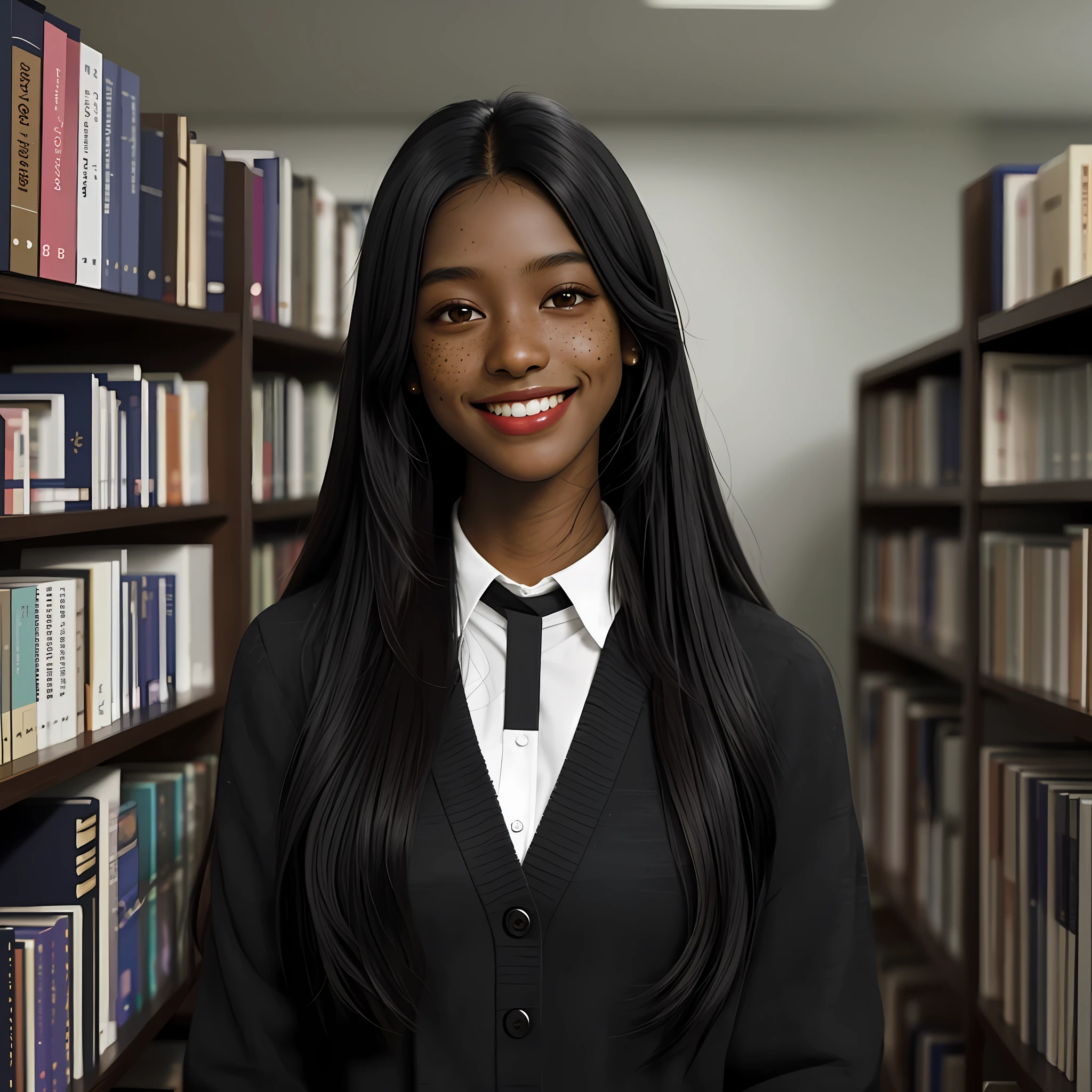 dark skinned girl, beautiful smile, long straight black hair, freckles, library at background