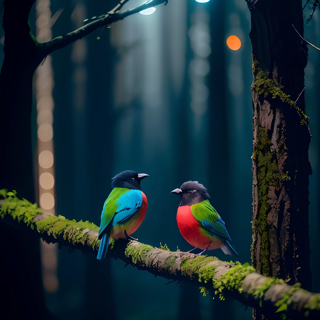 (((Colorful birds sitting on branches, dark mysterious forest, dramatic lights, dark photos, night))), Best Quality, Ultra High Resolution, (Realism: 1.4), High Resolution, Detailed, Original Photo, Sharp, by Lee Jeffries Nikon D850 Film Stock Photograph 4 Kodak Portra 400 Camera F1.6 Lens Rich Colors Hyper Realistic lifelike texture dramatic lighting unrealengine trending on artstation cinestill 800,, photorealistic, photo, masterpiece, realistic, realism, photorealism, high contrast, photorealistic Digital art trends on Artstation 8k HD High Definition