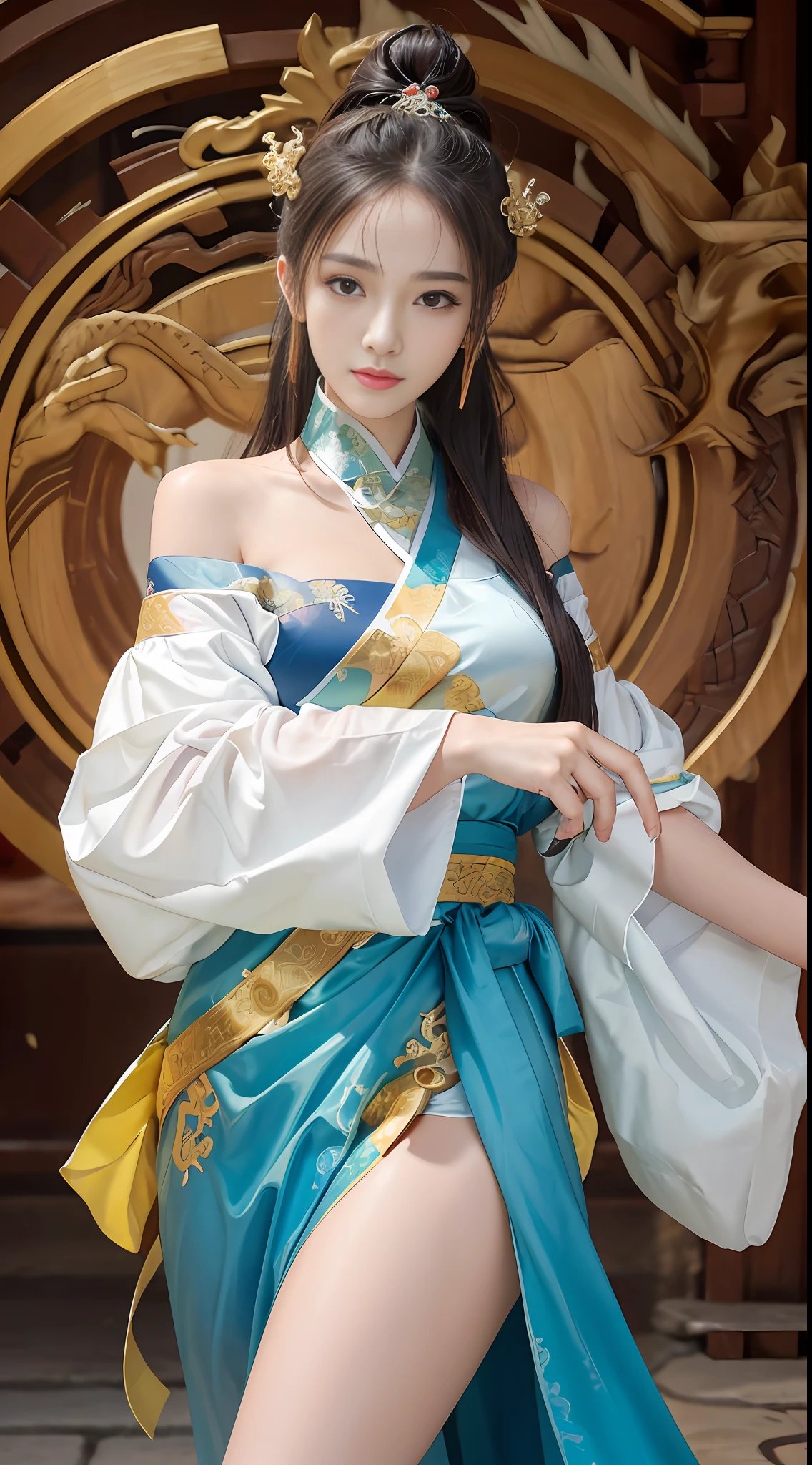Zhong Fenghua, Gorgeous Hanfu, Official Art, Unity 8k wallpaper, super detailed, beautiful and beautiful, masterpiece, best quality, (tangled, tangled, tangled), (fractal art: 1.4), (character center: 1.3), bare thighs, 1 girl, shocking domineering Chinese dragon, detail water dragon, black hair, long ponytail, Chinese, off-the-shoulder, very detailed, dynamic angle, cowboy shot, (most beautiful form of chaos), ethereal, (bright colors) , OC, (half: 1.2), Chinese, (Thangka Feitian: 1.5), (Ribbon: 1.3), (Dream: 1.5), (Hanfu: 1.5), Chinese Dragon, Chinese Phoenix, (Smile: 0.5), (Chinese God), (Masterpiece, Top Quality, Best Quality, Ultimate Detail, Highest Detail, Official Art, Beauty & Aesthetics: 1.2), Golden Ratio, Full Composition