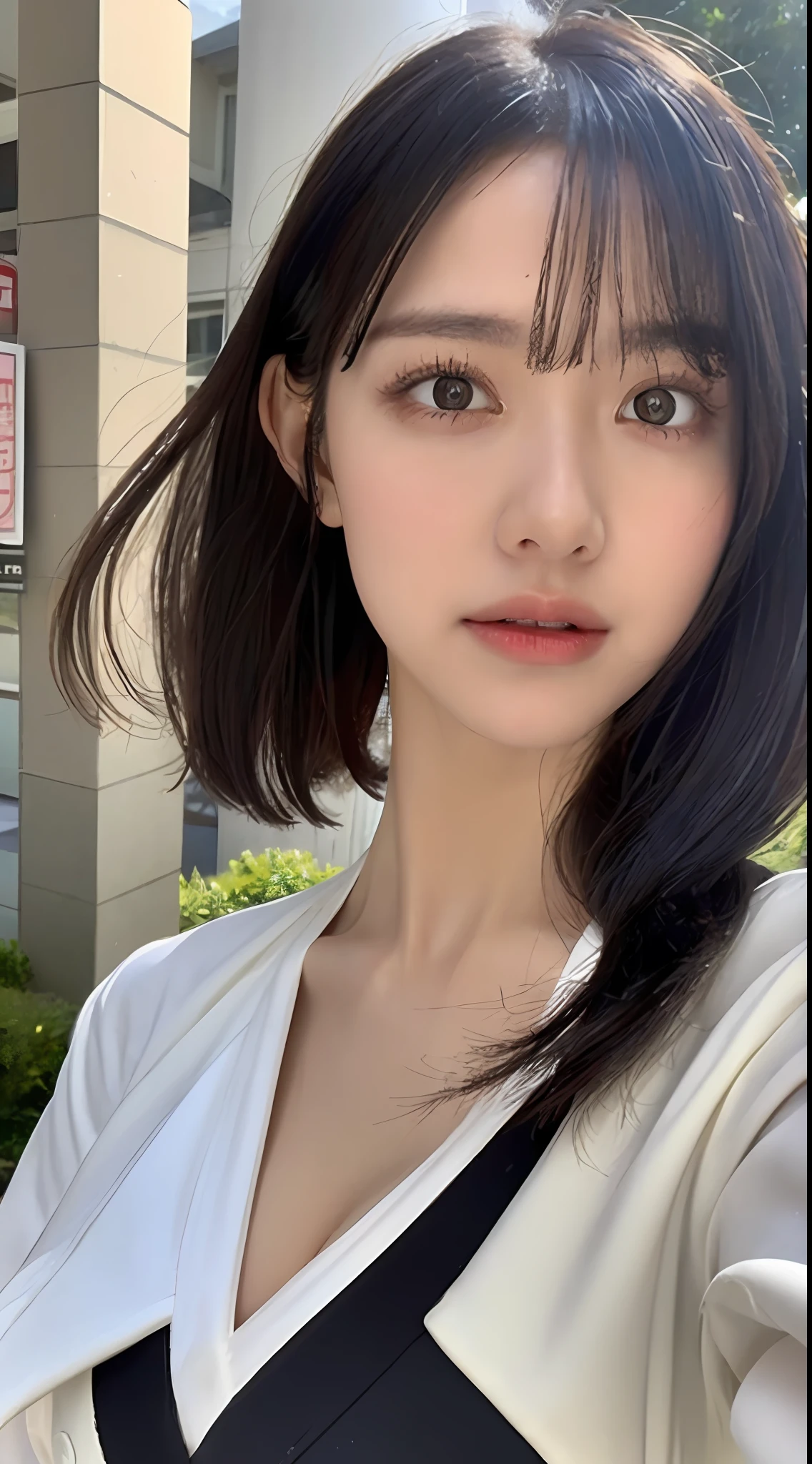 ((Best quality, 8k, Masterpiece: 1.3)), Sharp focus: 1.2, A beautiful woman with perfect body: 1.4, Slim abdomen: 1.2, ((Layered haircut, Large breasts: 1.2)), (no bra) (Small and beautiful hard nipple) (Thin and damp button up to shirt length: 1.1), (White shirt wet by rain), (Rain, Street: 1.2), Wet body: 1.1, Highly detailed face and skin texture,  Detailed eyes, Double eyelid, tanned skin, sexy, tan