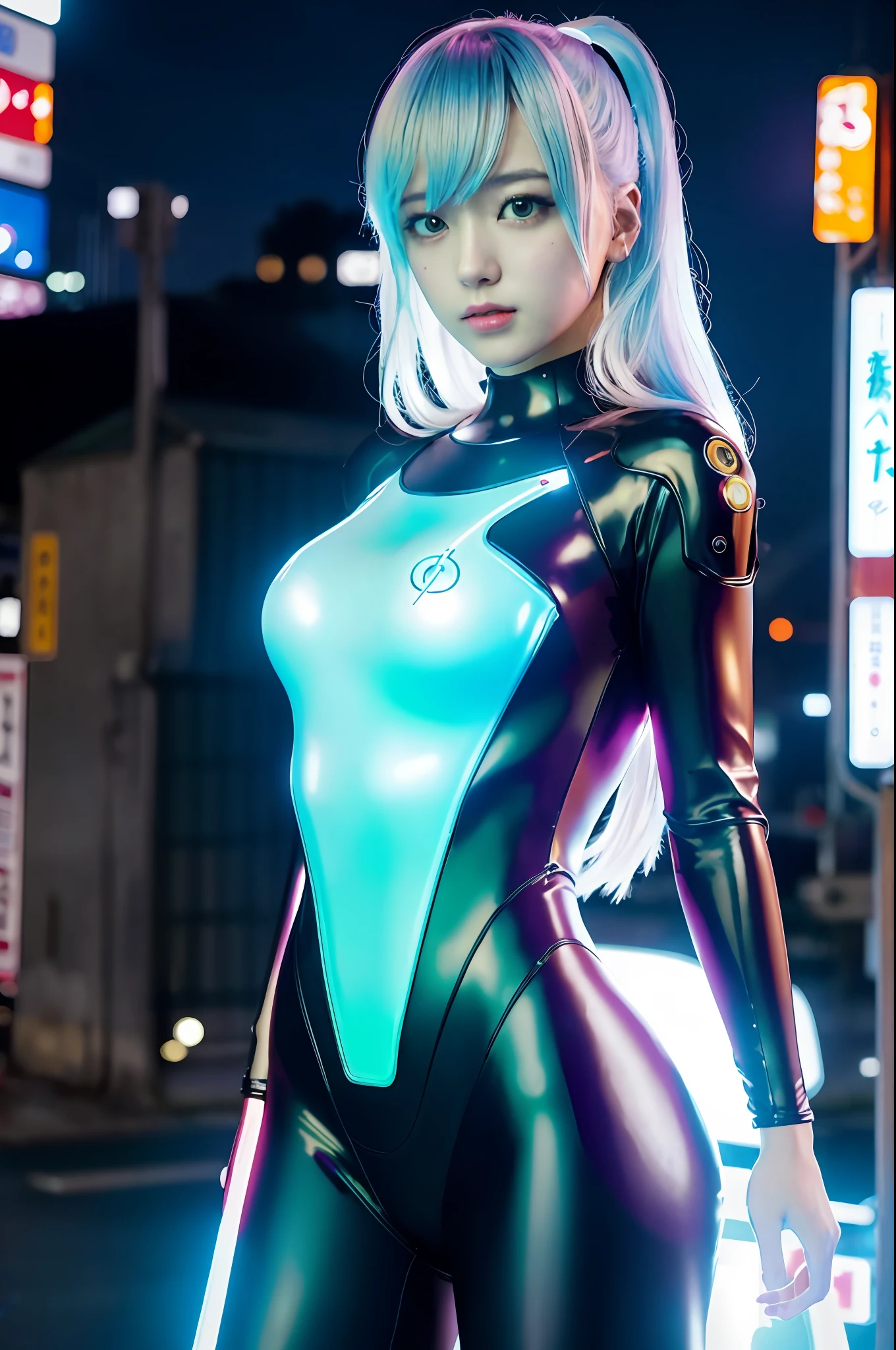 cyberpunk, mechanical bodysuit, white, realistic, photorealistic, beautiful girl, sailor suit, Tokyo, ruins, neon, night scene, background blur, t-back