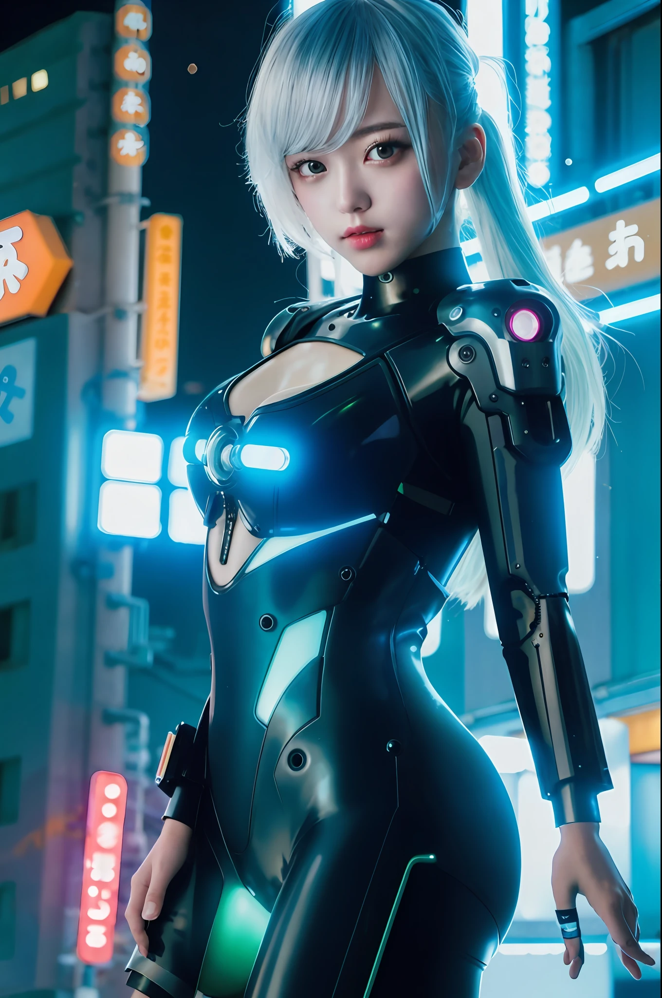 cyberpunk, mechanical bodysuit, white, realistic, photorealistic, beautiful girl, sailor suit, Tokyo, ruins, neon, night scene, background blur, t-back