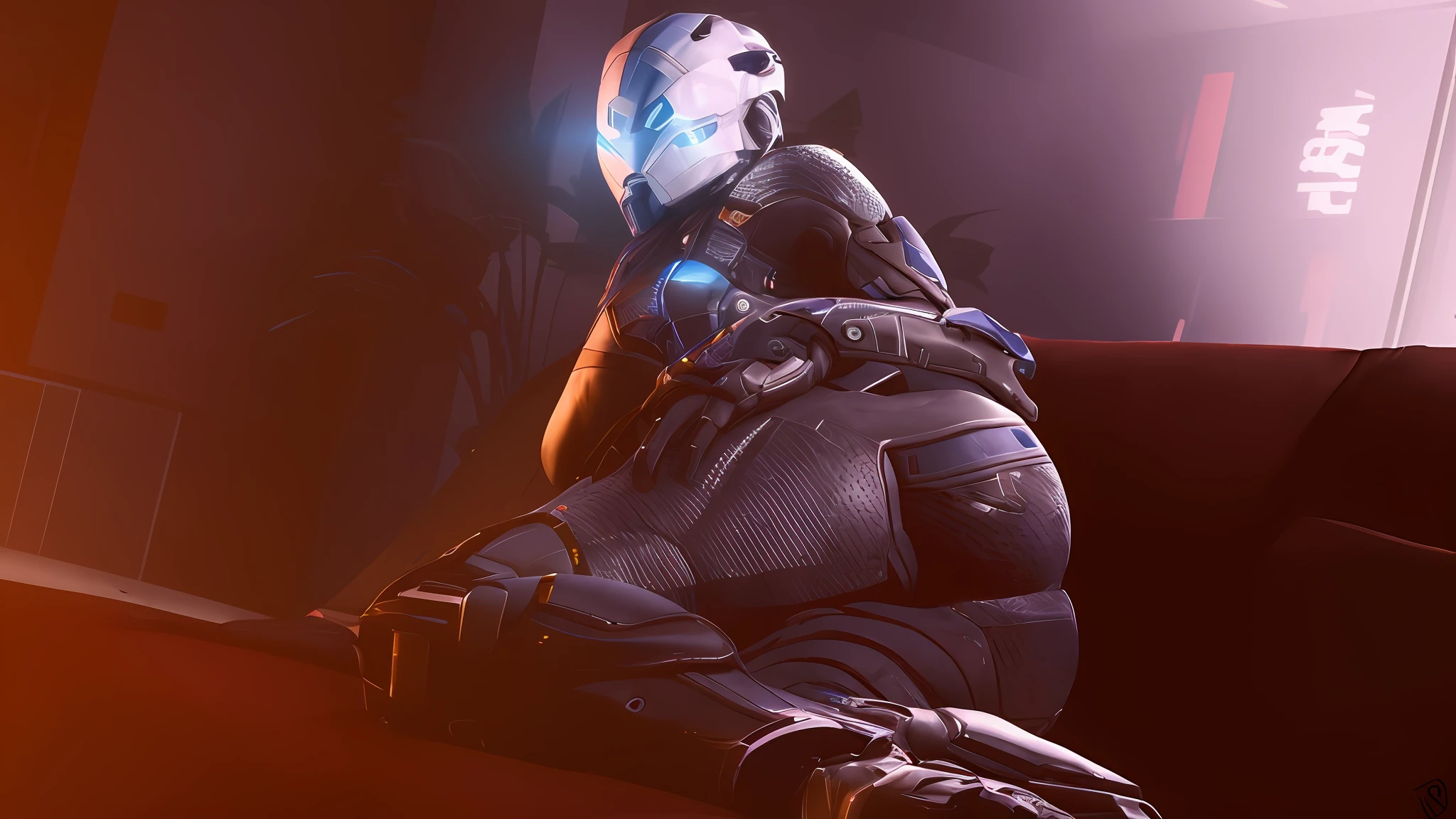 there is a woman in a helmet sitting on a couch, wearing mass effect armor, garrus vakarian from mass effect, thick smooth warframe thighs, clothed in cyber armour, turian, garrus vakarian, cybersuit, n 7 armor, mass effect fantasy, cyborg fashion shot, pregnant female cyborg, resting after a hard mission, mass effect style