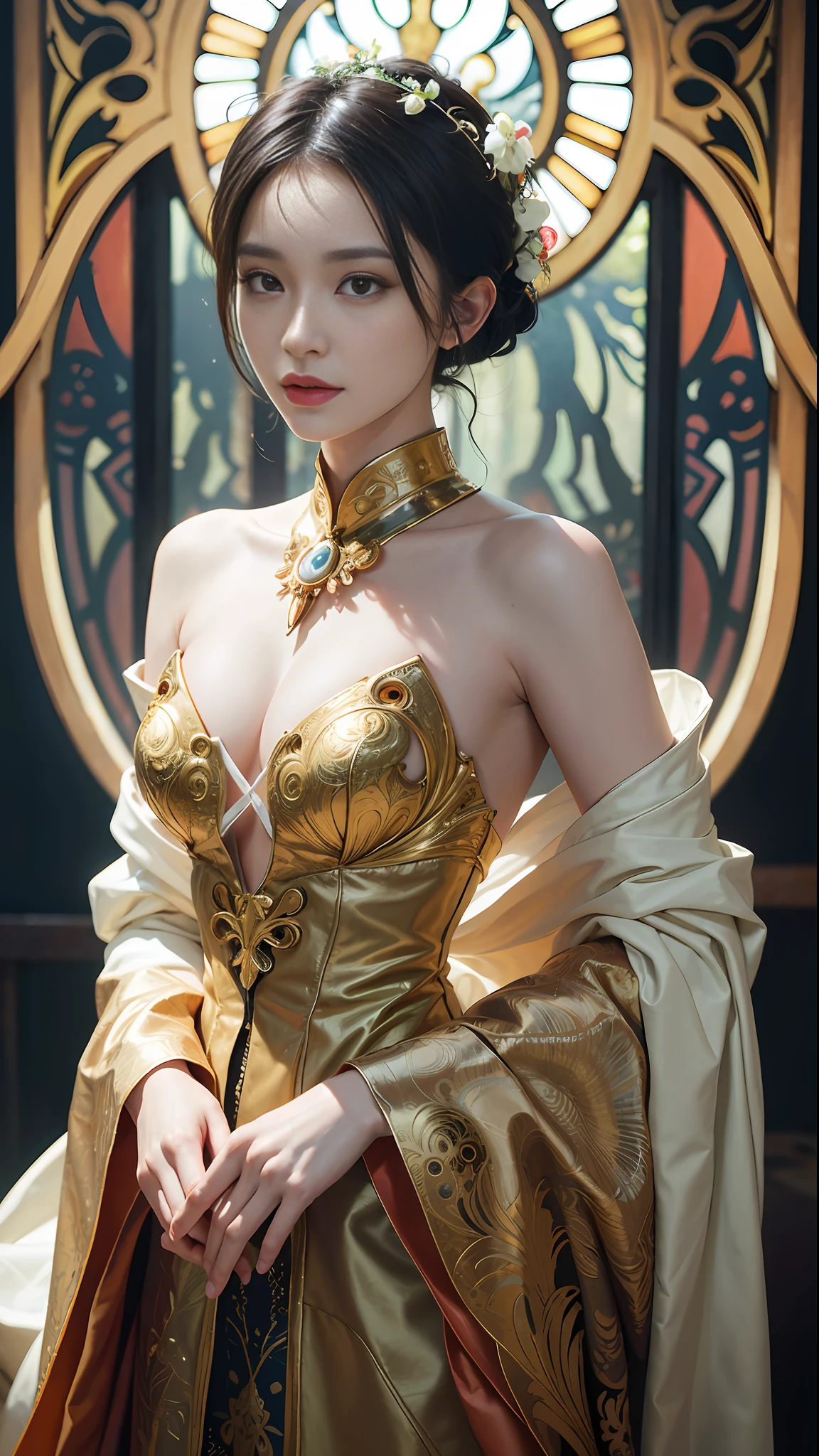 portrait of the most beautiful form of chaos, elegant, a brutalist designed, vivid colours, romanticism, by james jean, roby dwi antono, ross tran, francis bacon, michal mraz, adrian ghenie, petra cortright, gerhard richter, takato yamamoto, ashley wood, atmospheric, trending on artstation. 8 k masterpiece. (alphonse mucha style:1.2), 3d render, cgi, symetrical, octane render, 35mm, bokeh, 9:16, (intricate details:1.12), hdr, (intricate details, hyperdetailed:1.15), (natural skin texture, hyperrealism, soft light, sharp:1.5), rimlight, low, glowing