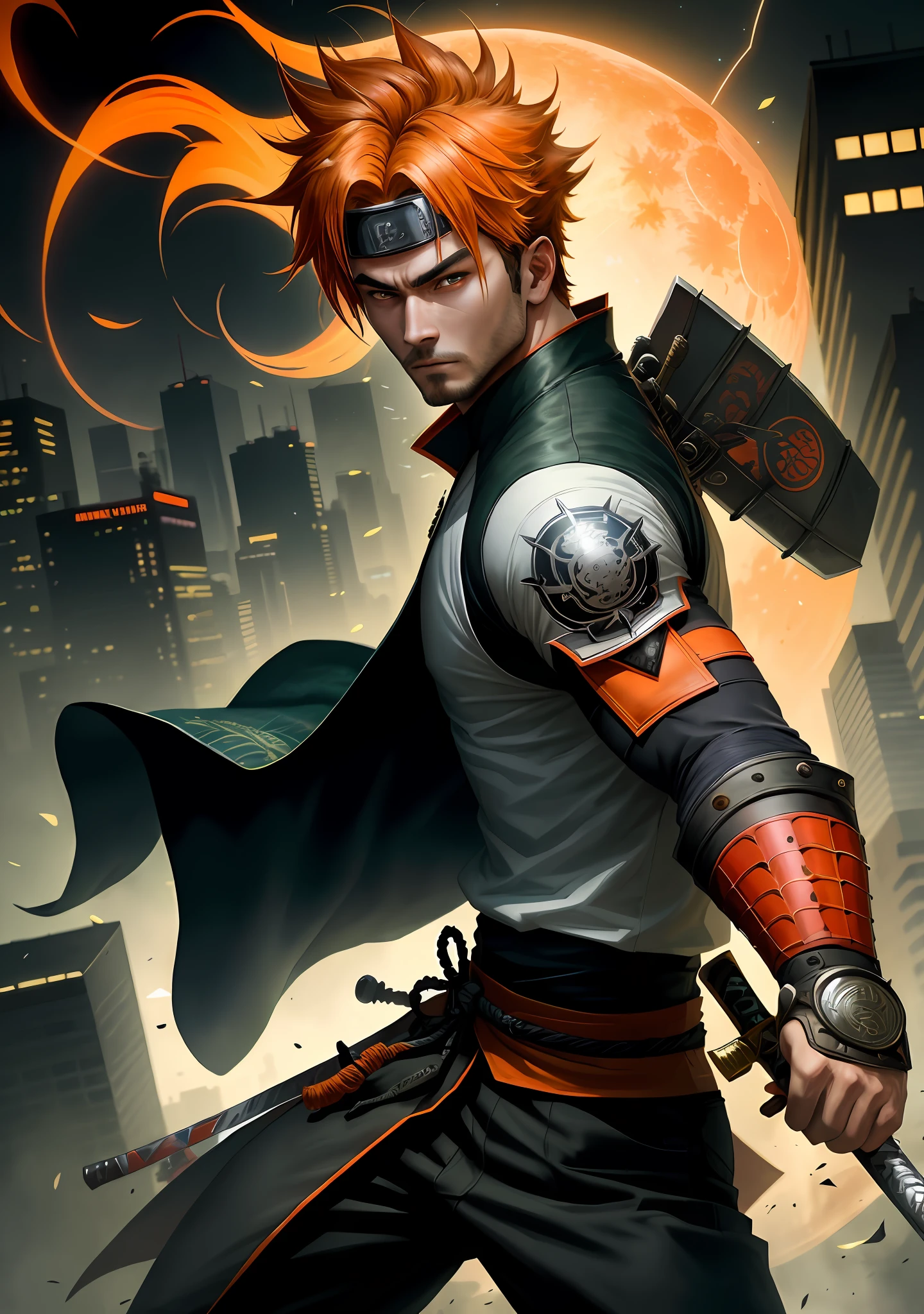 masterpiece, highest quality, (solo focus), (perfect face:1.1), (high detail:1.1), (hyper detailed eyes), dramatic, 1guy, (white skin), (burly: 1.2), orange hair, green eyes, (light eyebrows), burly1.4, solo, goku hair, (Naruto, Ironspidey mark 2), night, arrogant expression, futuristic city, detailed background, art by artist trending in artstation, cinematic lighting, a close up of a person holding a sword in front of a full moon, very handsome cyberpunk samurai, he is holding a katana sword, inspired by Kanō Hōgai, male samurai, katana, demon samurai, demon samurai warrior, dramatic wielding katana pose
