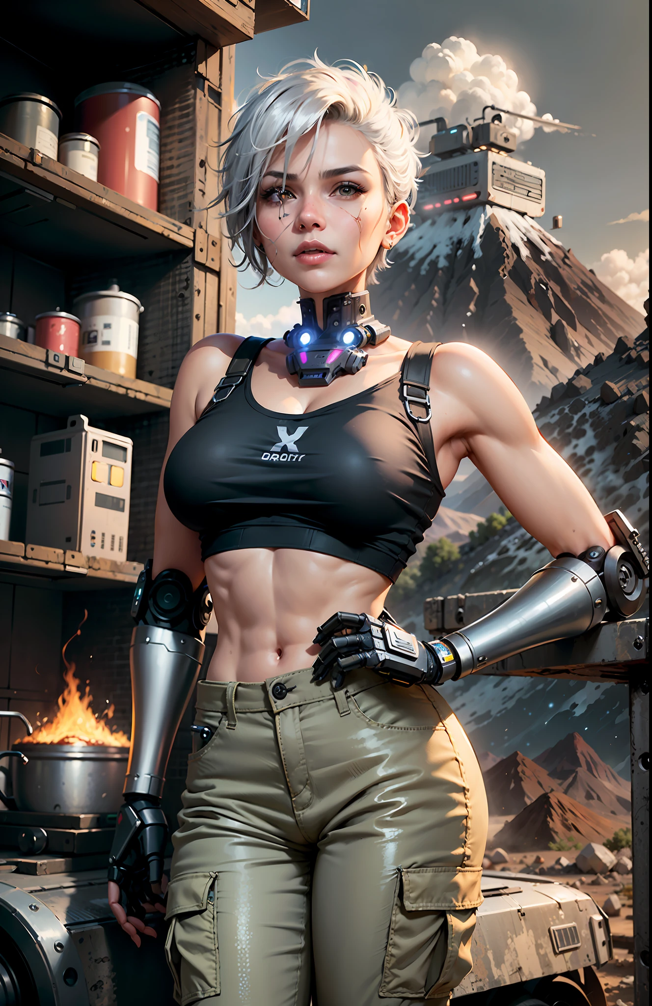 ((realistic face, crafty expression, young look, Robotic arm)), (torn white crop top, black cargo pants), (medium breasts), (grey short hair), (20 years), (1 girl), (4k style), (volcano background)
