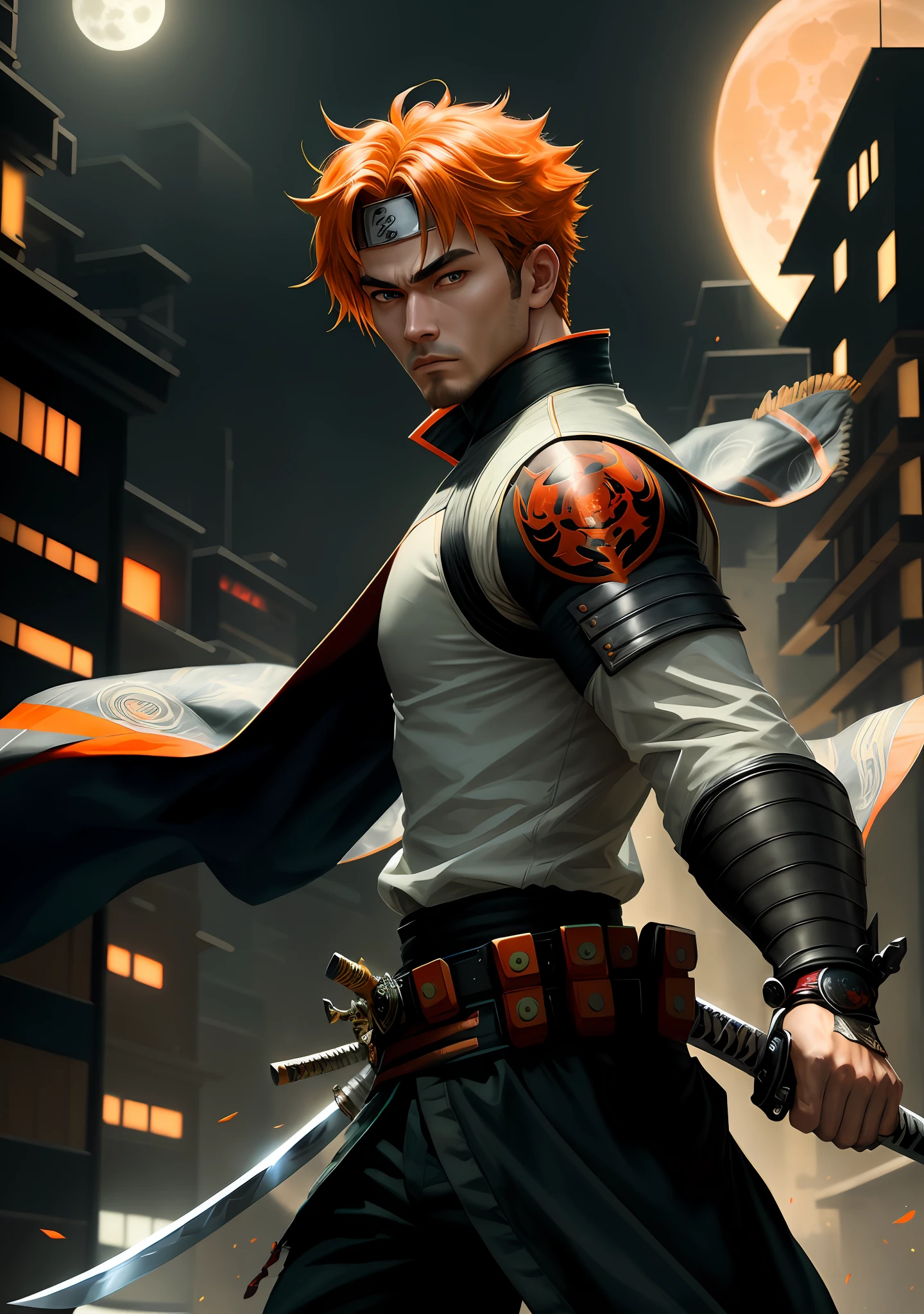 masterpiece, highest quality, (solo focus), (perfect face:1.1), (high detail:1.1), (hyper detailed eyes), dramatic, 1guy, (white skin), (burly: 1.2), orange hair, green eyes, (light eyebrows), burly1.4, solo, goku hair, (Naruto, Ironspidey mark 2), night, arrogant expression, futuristic city, detailed background, art by artist trending in artstation, cinematic lighting, a close up of a person holding a sword in front of a full moon, very handsome cyberpunk samurai, he is holding a katana sword, inspired by Kanō Hōgai, male samurai, katana, demon samurai, demon samurai warrior, dramatic wielding katana pose