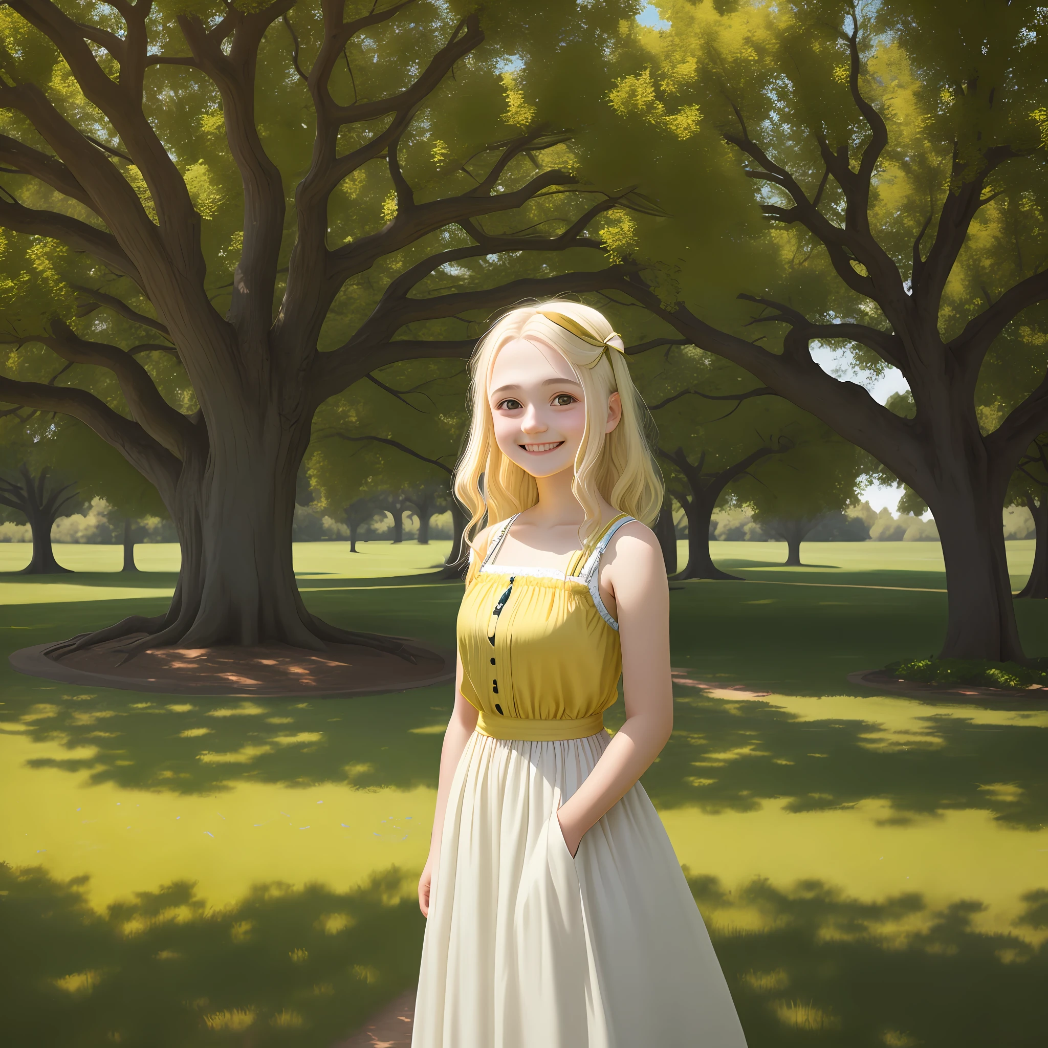 [portrait in the middle of the frame] [teenage girl ] [dressed in a long dress] [Joyful expression, smiling, wrinkling nose] [big eyes in yellow] [colored hair] [Photo taken in front of a sprawling oak tree], extremely realistic, 8k