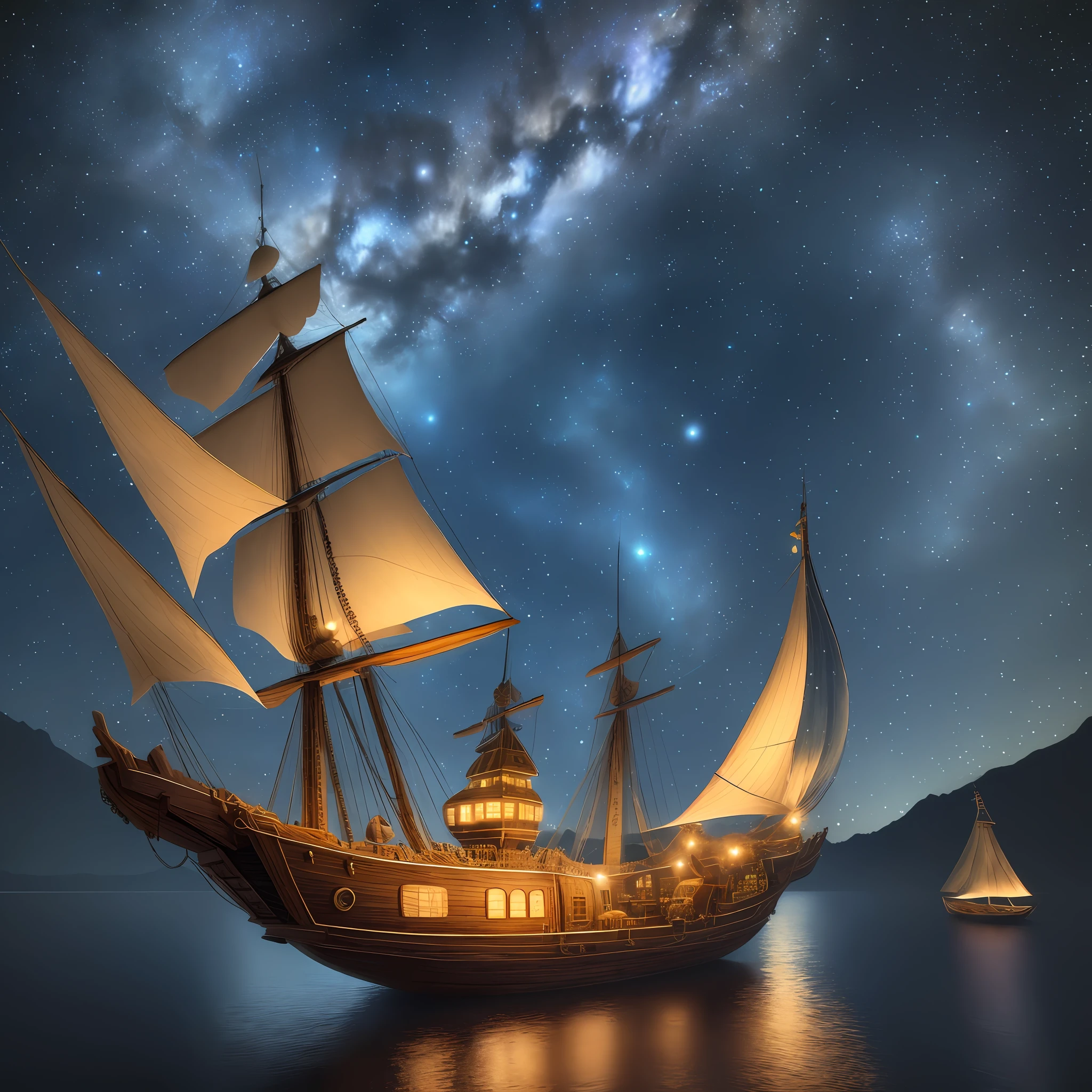 A large, magical, wooden flying boat. Starry night sky. Realistic style. HD, 8k, high quality, detailed, 3d, cinematic, fantasy.