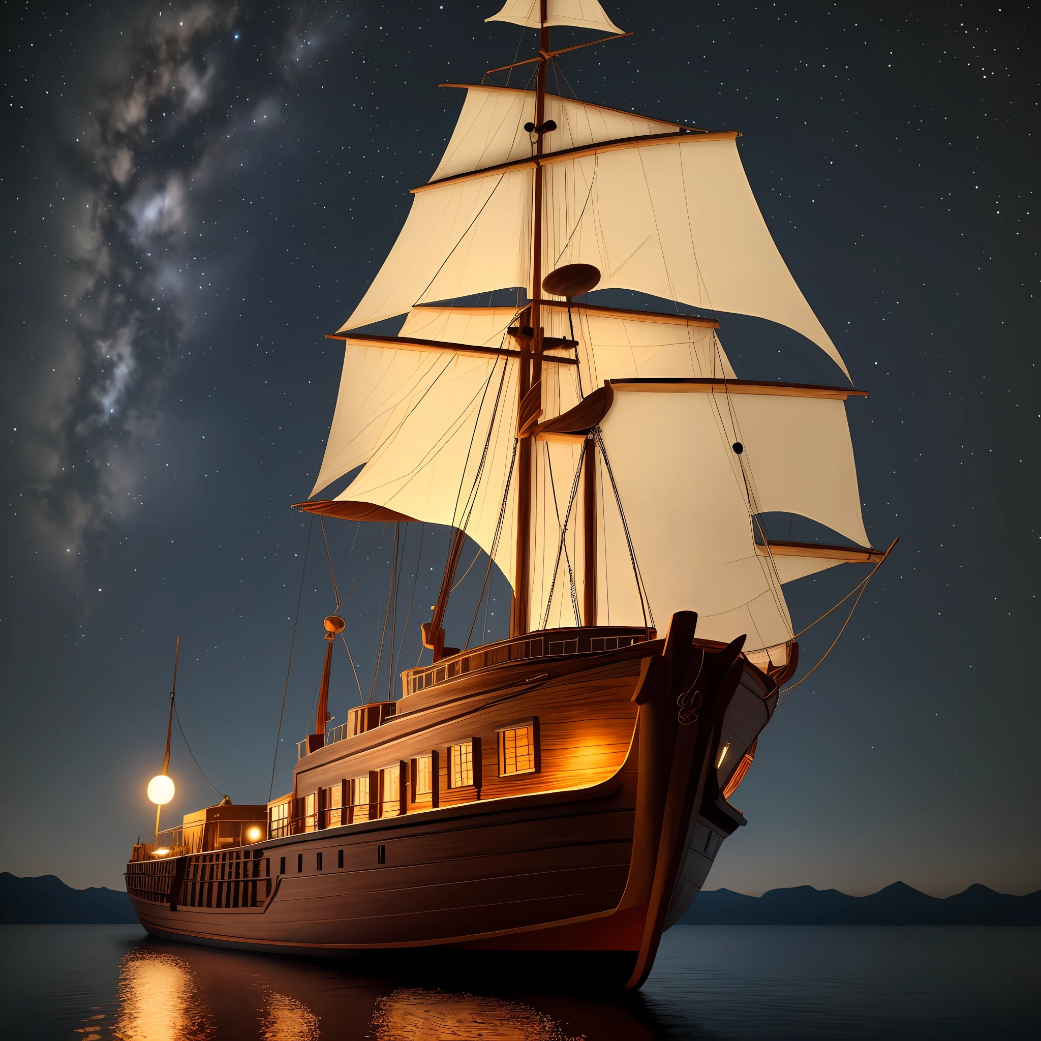 A large wooden boat flying over the night sky. HD, 8k, high quality, detailed, 3d, cinematic.