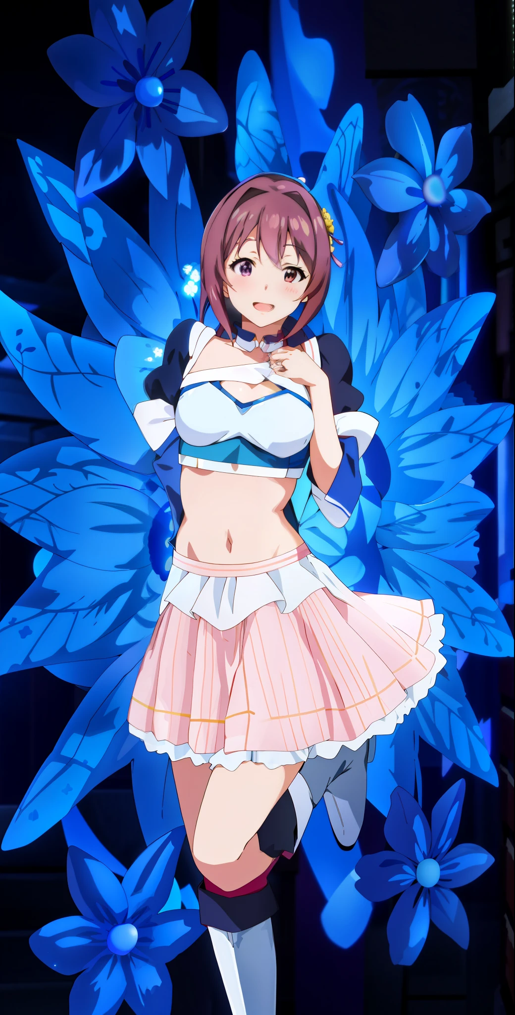 anime girl in a skirt and boots standing in front of a blue flower, jellyfish shrine maiden 8k, in a glowing skirt, sakura kinomoto, anime styled 3d, sakura petals around her, white skirt and barechest, idolmaster, rei hino as a princess, render of a cute 3d anime girl, stylized anime, rin