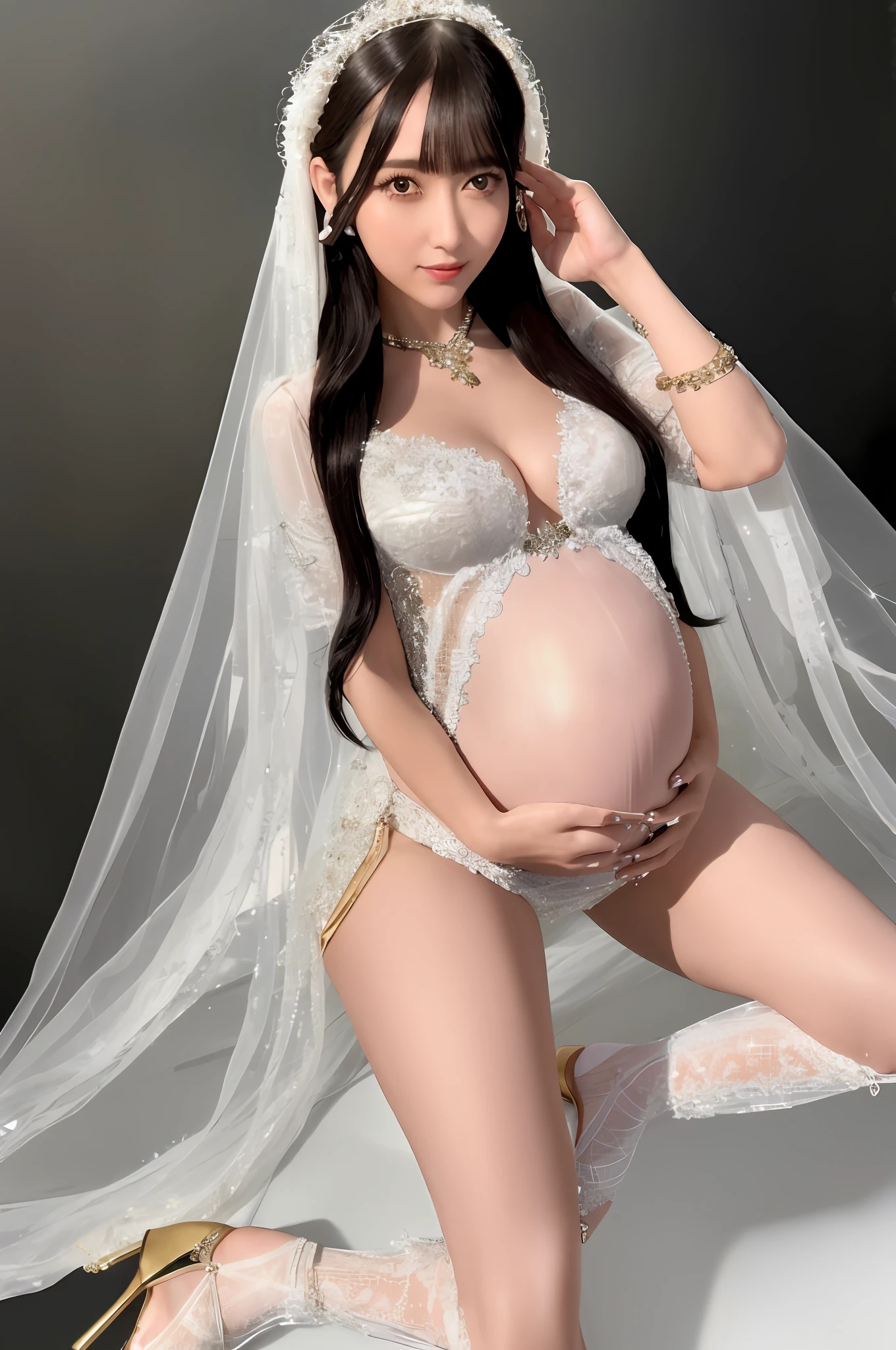 1 girl, long_hair, (full body: 1), white high heels, necklace, jewelry, long hair, earrings, shimmering dress, pregnant belly, pregnancy, beautiful face, detailed beautiful eyes, detailed eyelashes, (headdress: 1.3), slim body, shiny skin, (8k_wallpaper), intricate and delicate details, (no lingerie), (transparent clothes,