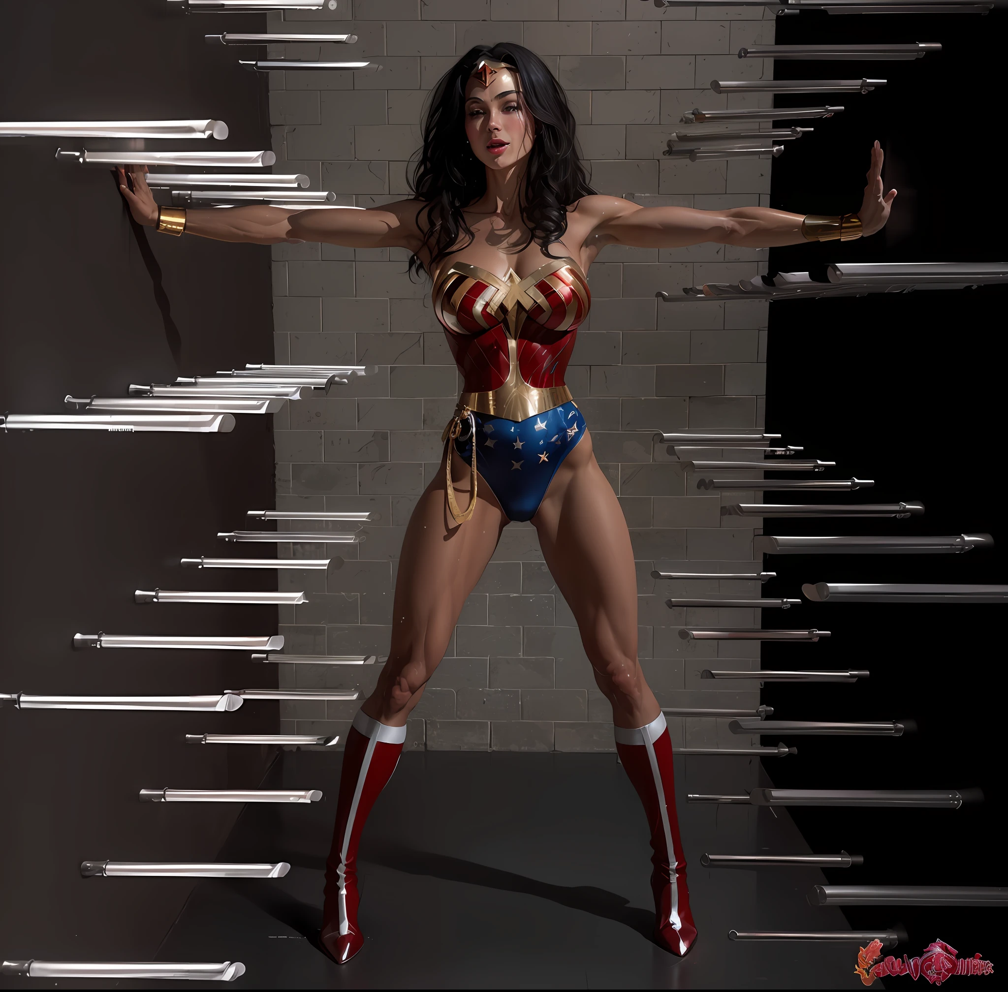 ((highest quality)), (8k, very detailed, full-length frame, high-detail RAW color art, masterpiece: 1.2), (realistic and realistic photo: 1.37), dramatic lighting rendering, dynamic angles, plotting, photon mapping, physics-based rendering, Wonder Woman, Wonder Woman pushing both walls with open arms, open mouth, grin, frown, heavy breathing, endured face, eyes to left, (intricate details, makeup), (delicate and beautiful delicate face,  delicate and beautiful delicate eyes, perfectly proportioned face), (realistically moist skin: 1.0), (drenched body: 1.0), (wet skin), wet hair, delicate skin, {{{five fingers only}}}, strong and realistic blue eyes, realistic black hair, lips, makeup, natural skin texture, tiara, leotard, bulletproof cuffs, red boots, slightly sunburned skin tone, mature, ????, elastic muscles, (muscle:1.2), ((strong and healthy body)), (((((more) muscles))),  long legs, curves, thick thighs, wide ????????, thin legs, (???????????: 1.2), thin waist, soft waist, (delicate skin), (beautiful and ???? woman), (swollen lips: 0.9), (eyelashes: 1.2), very delicate muscles,